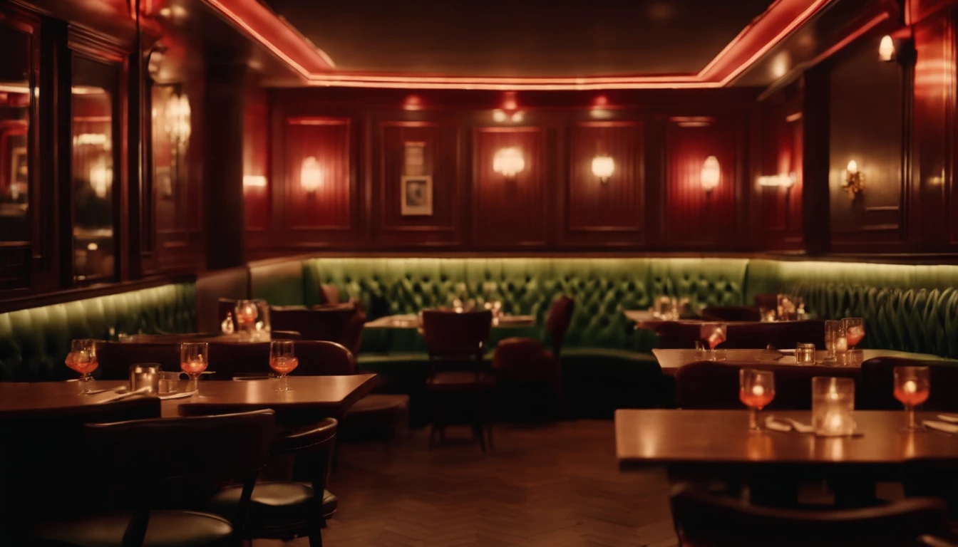 a classic vintage restaurant very elegant jazz style 8k cinematic neon lights in the background