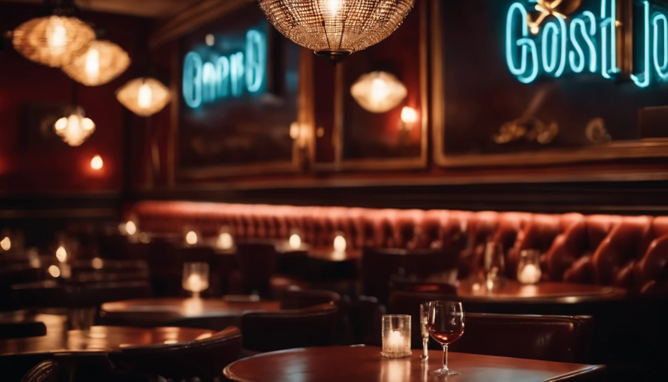 a classic vintage restaurant very elegant jazz style 8k cinematic neon lights in the background
