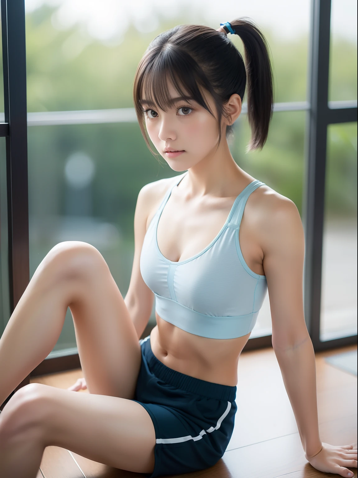 (masutepiece, Best Quality:1.2), 8K, Official art, Raw photo, unbelievable Ridiculous, (Upper body, (tight white gym tank top, white panties), sitting:1.4), Beautiful Girl, Idol face, arching back down, large full breasts, (thinwaist), thighs thighs thighs thighs, Stockings、gym fitness room, treadmill, Short sleeve, gardenia, violaceaess, Looking at Viewer, No makeup, Film grain, chromatic abberation, Sharp Focus, face lights, Dynamic lighting, Cinematic lighting, Detailed face, Bokeh background, ponytails hair