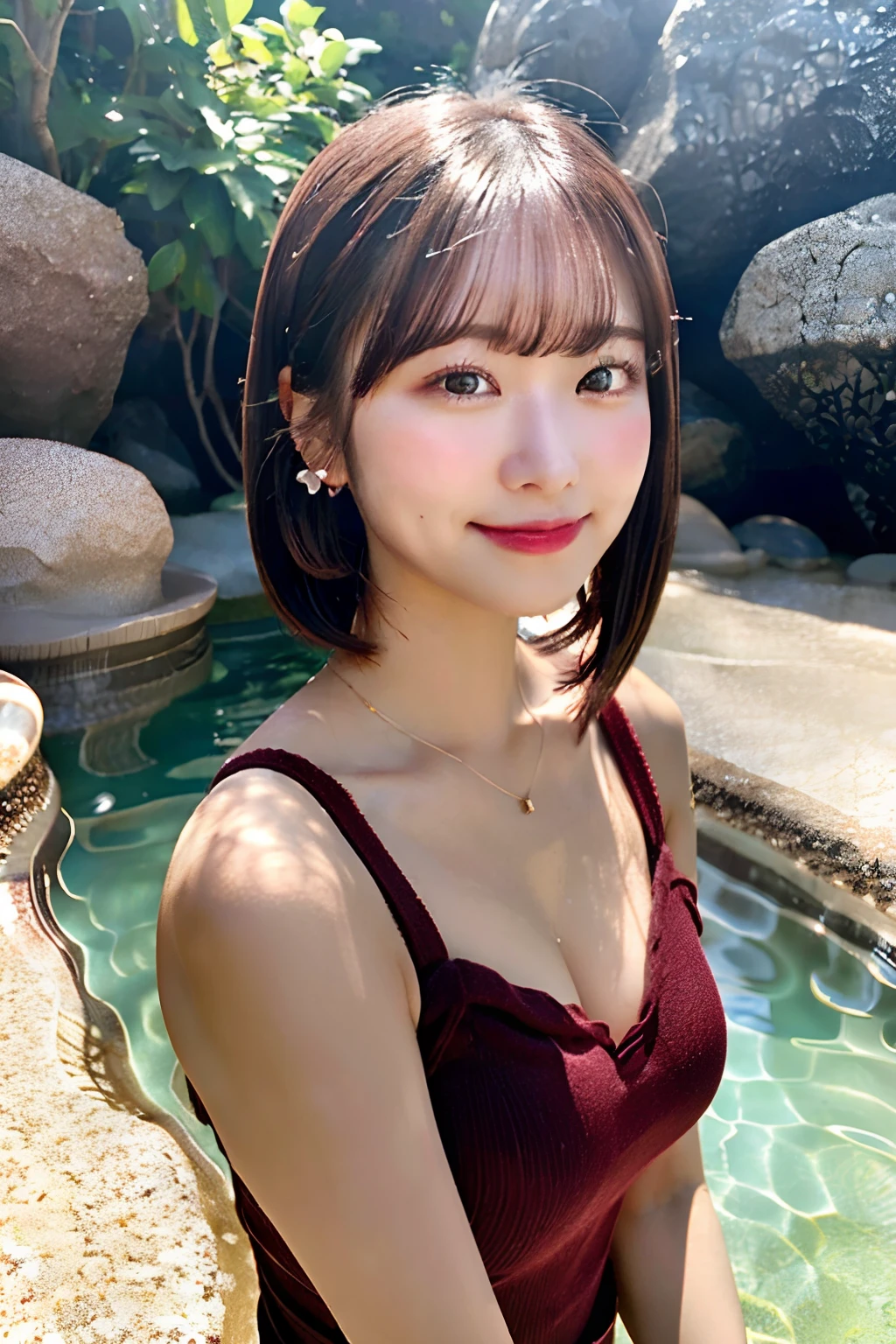 A hot spring resort in the mountains of Japan,beautiful mountain in background々,outdoor bath、(Hot water smoke blocking the view Water vapor rising from the rock bath:1.3),(Rock bath:1.3),(Take a deep shoulder soak in the open-air bath:1,3),Upper body naked,Immaculate tube top bra,Blushing cheeks、shyly smile、(beautiful a girl)、(short hair of red-brown color、hair pin、poneyTail、Floating hair、)Colossal tits、Blush with embarrassment、Enraptured eyes、A smile that beguiles the viewer、Look into the photographer、skin glistening with sweat、gazing at viewer,a necklace、piercings、pointed red mouth,Perfect round face,,Proper body proportion,Intricate details,Very delicate and beautiful hair,photos realistic,Dreamy,Professional Lighting,realistic shadow,Solo Focus,Beautiful hands,Beautiful fingers,Detailed finger features,Detailed arm functions,detailed clothes features,Detailed hair features,detailed facial features,(masutepiece,top-quality,Ultra-high resolution output image,) ,(The 8k quality,),(Image Mode Ultra HD,)