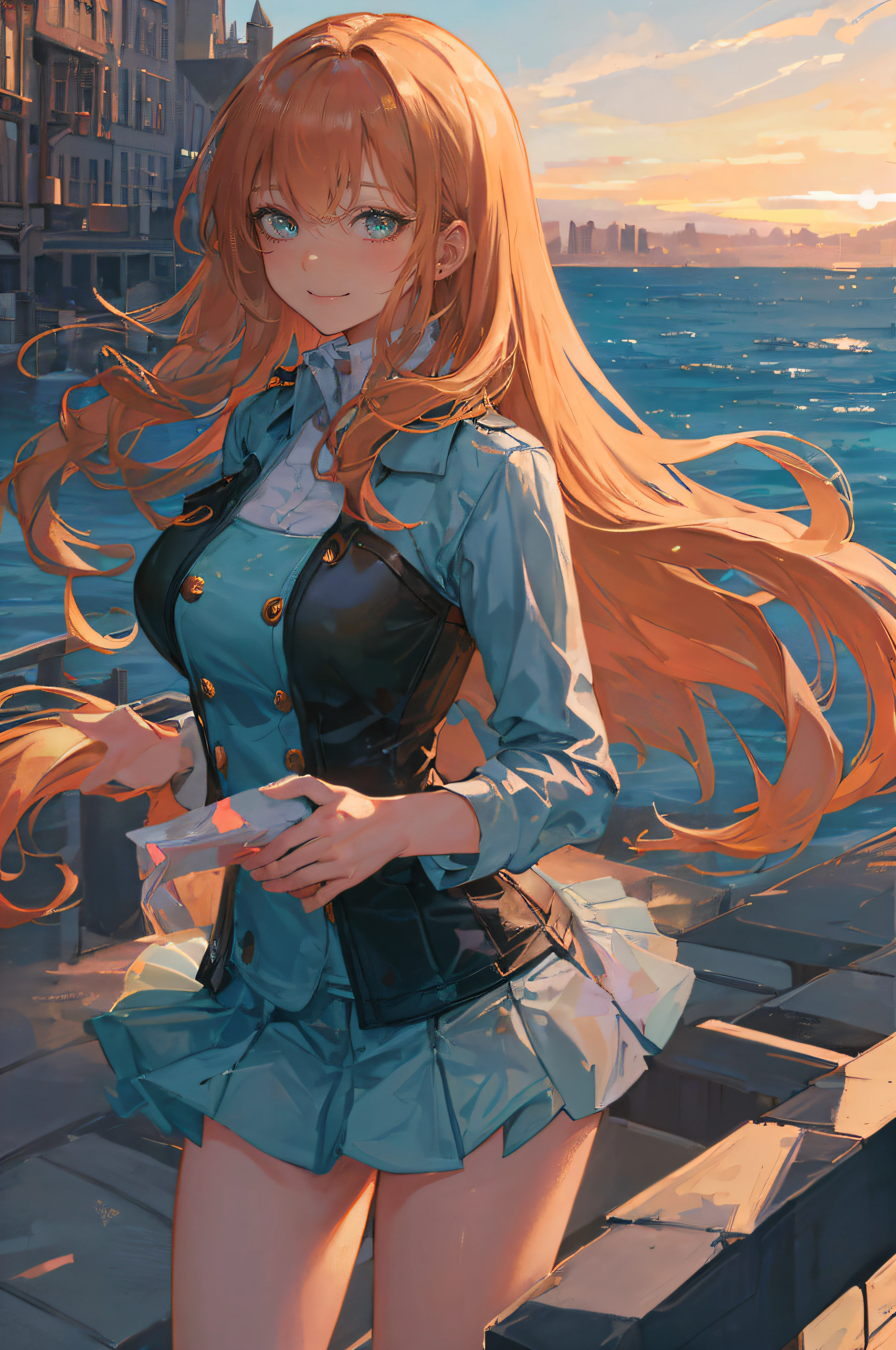 ((A beautiful and cute woman is standing on the terrace)), ((20-year-old beauty)), ((charming smile)), ((shiny long hair)), ((miniskirt)), (( Rich bust)), ((gradient eyes)), ((background is city with sea view)), attractive makeup, single view, NFFSW, UHD, retina, masterpiece, accurate, anatomical, scientifically correct, textured skin, super detail, high detail, high quality, award winning, top quality, high resolution, 1080P, HD, 4K, 8k, 16k