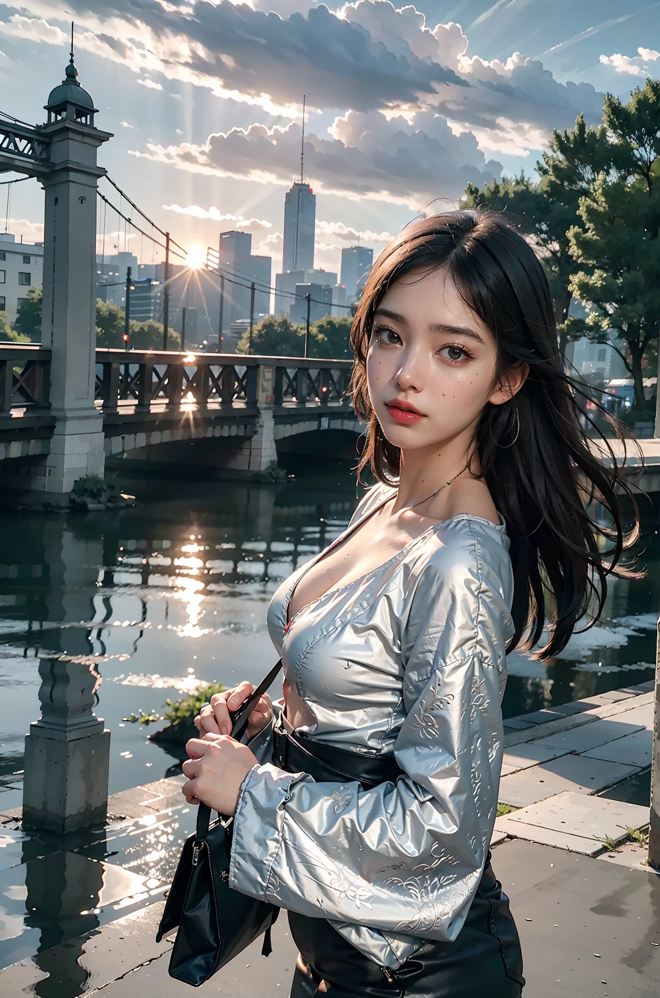 best quality, masterpiece, photo realistic, intricate details, raw photo, photon rendering, octane render, absurdres, ultra detailed, detailed face, detailed skin, trending on artstation,8k masterpiece,cinematic lighting, scenery, scenery, no humans, cityscape, sky, city, cloud, outdoors, building, sunset, city lights, bridge, river, tree, roadn, artist name,