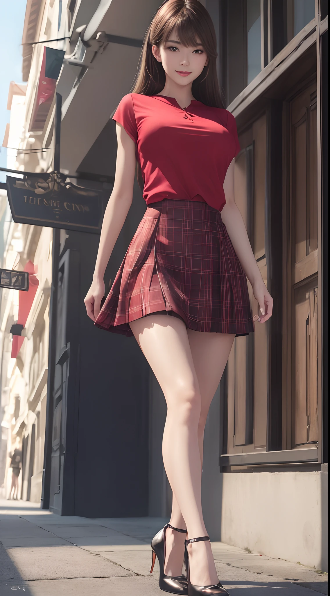 8k, masterpiece, RAW photo, best quality, photorealistic, extremely detailed CG unity 8k wallpaper, Depth of field, Cinematic Light, Lens Flare, Ray tracing, (extremely beautiful face, beautiful lips, beautiful eyes), intricate detail face, ((ultra detailed skin)) 1girl, in the dark, deep shadow, pretty asian girl, 1 girl, (very slim slender fit-muscled body:1.3), ((looking at viewer)),(big smile:1.3), (short skirt ), (red mini skirt ), pantyhose, clear eyes, walking , front shot, (pale skin), (big eyes), face forward, (red shirt),  (brown hairs), ((laced blouse)),,(looking at viewer:1.3) very slim, medium breasts, stockings, street, buildings, tree, sunny, (plaid skirt), (high heels), gentle skirt, (from the below)