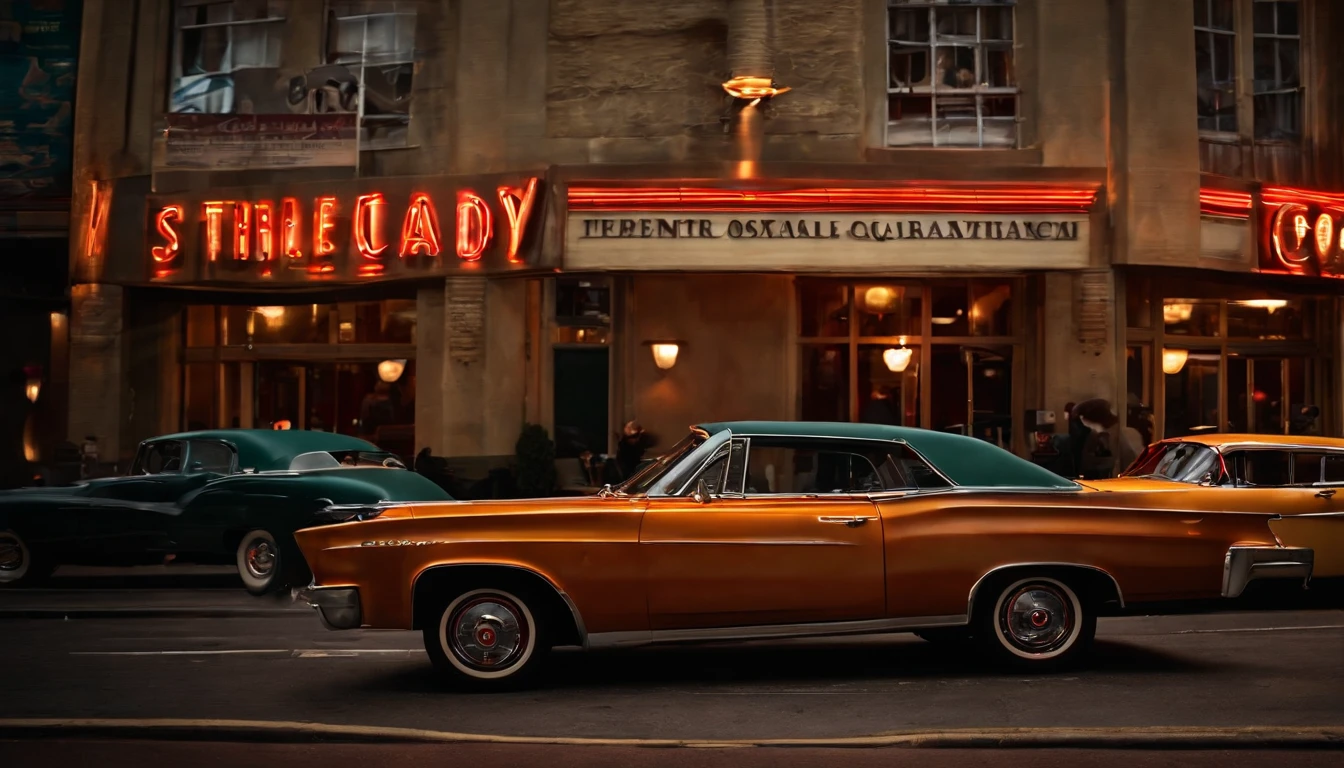 a classic vintage restaurant very elegant jazz style 8k cinematic neon lights in the background