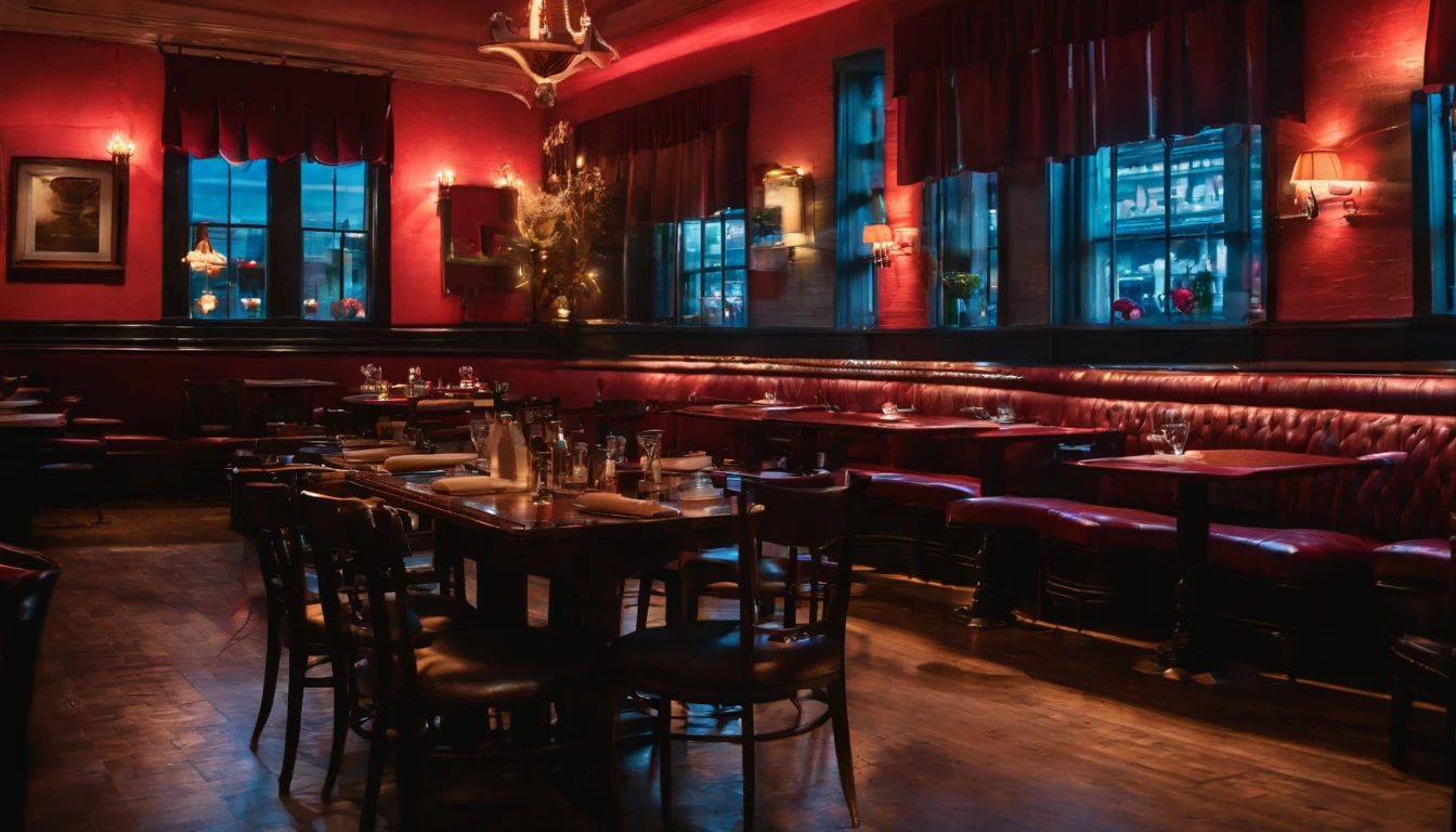 a classic vintage restaurant very elegant jazz style 8k cinematic neon lights in the background