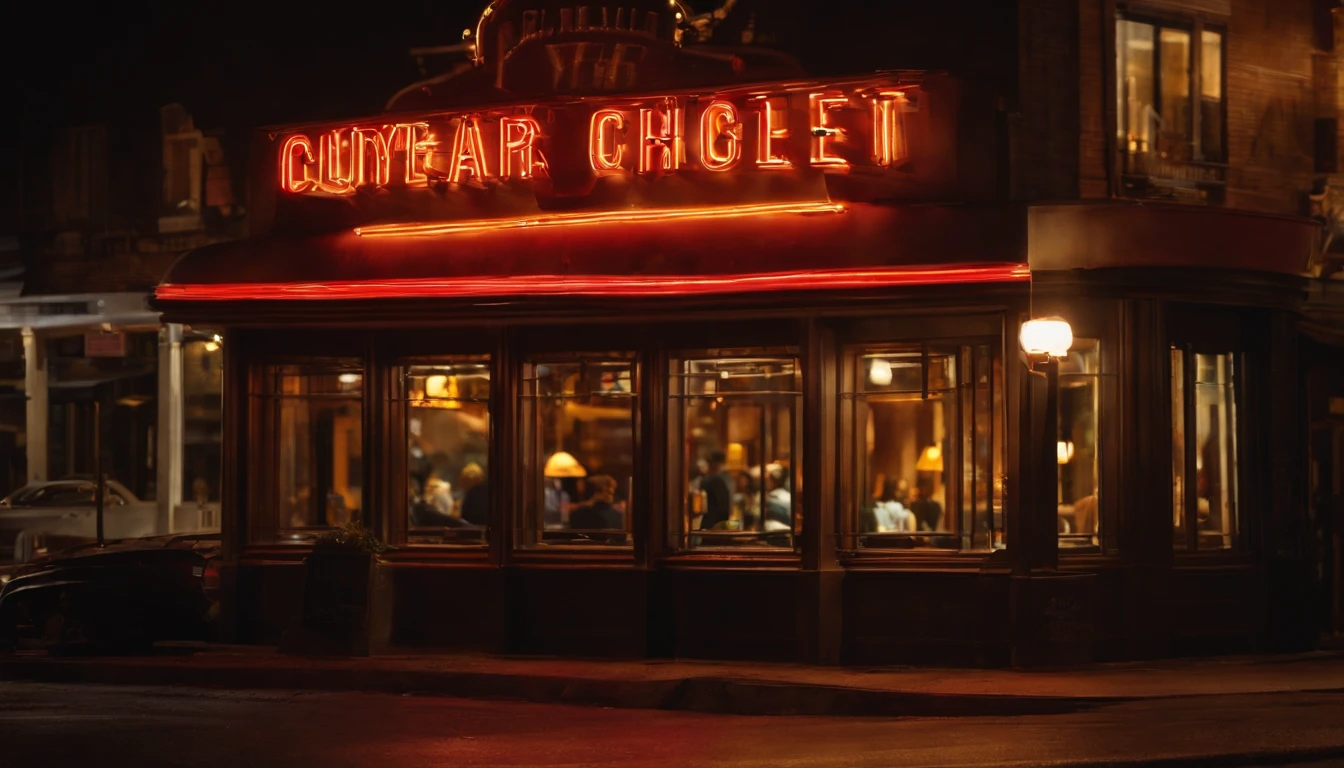a classic vintage restaurant very elegant jazz style 8k cinematic neon lights in the background