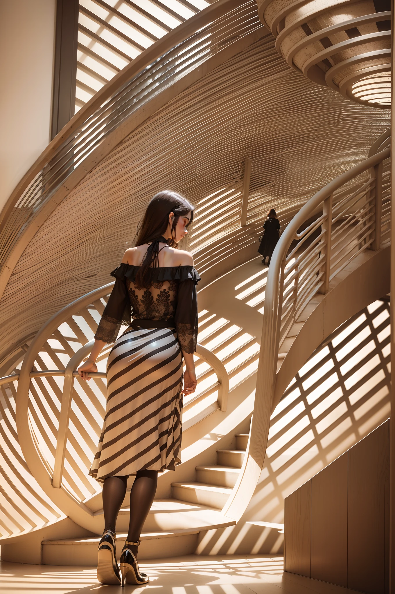 a portrait photograph of a woman walking down a spiral shaped staircase where shadows of the railings and shadow of herself create an artistic pattern together. proper steps visible in starcase. picture should be of high contrast and of minimal colors like black, orange, beige mainly. Shadows should fall in the same direction.