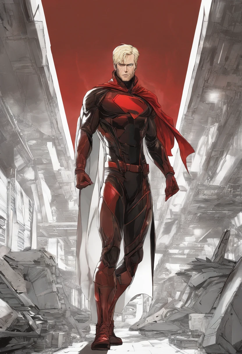 ((masterpiece)),(((best quality))),((character design sheet)), ((full body view)) illustration,1man, muscular, ((red bodysuit:1.5)), superhero, (blonde short:1.4), (black cape:1.4) ((detailed face:1.4)) older man, shiny skin, wearing goggles, pose, 8k,16k, (simple background, white background: 1.3)