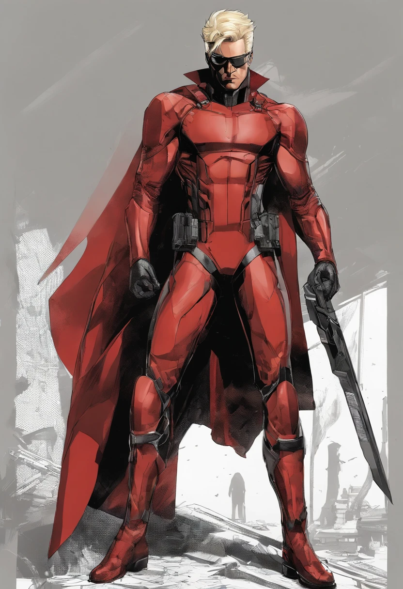 ((masterpiece)),(((best quality))),((character design sheet)), ((full body view)) illustration,1man, muscular, ((red bodysuit:1.5)), superhero, (blonde short:1.4), (black cape:1.4) ((detailed face:1.4)) older man, shiny skin, wearing goggles, pose, 8k,16k, (simple background, white background: 1.3)