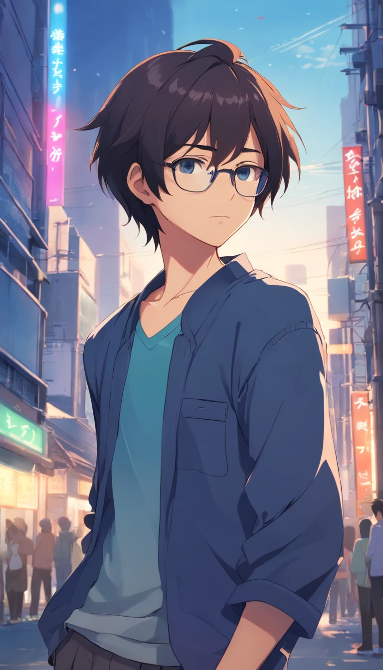 16 yaers old,Libido boy,Shota,male people,Black color hair,Square glasses,apathy,Blackn clothes,Short long hair,with long bangs,messed up hair,Without background,sketching,urban backdrop,modern day,No chest
