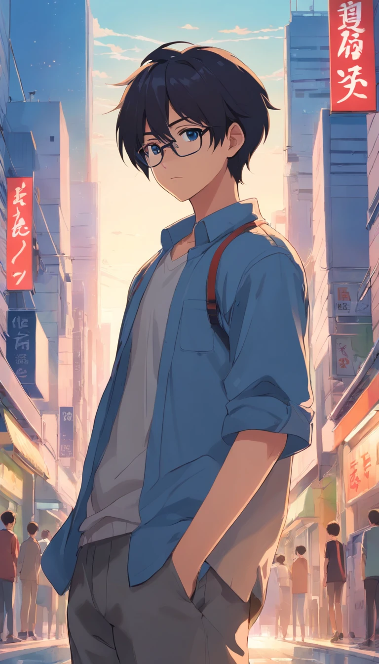 16 yaers old,Libido boy,Shota,male people,Black color hair,Square glasses,apathy,Blackn clothes,Short long hair,with long bangs,messed up hair,Without background,sketching,urban backdrop,modern day,No chest