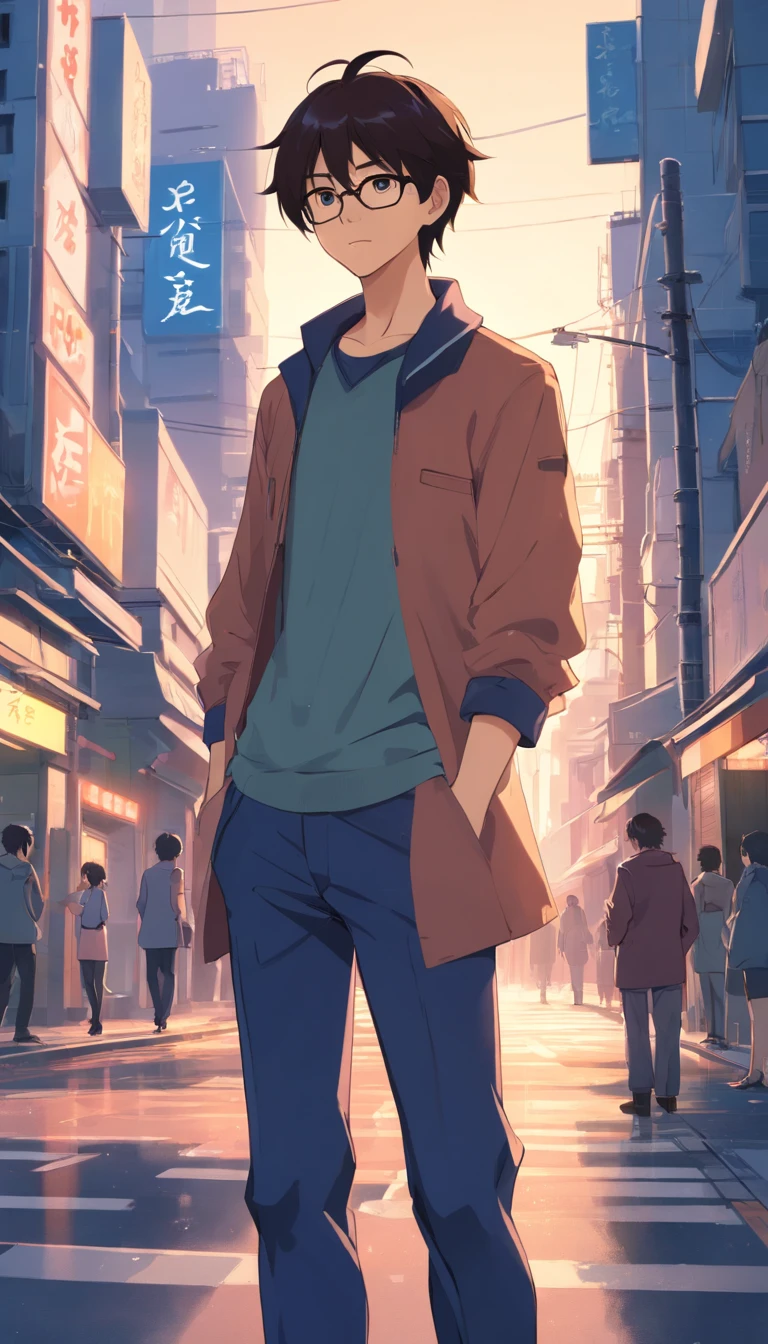 16 yaers old，Libido boy，Shota，male people，Black color hair，Square glasses，apathy，Blackn clothes，Short long hair，with long bangs，messed up hair，Without background，sketching，urban backdrop，modern day，No chest