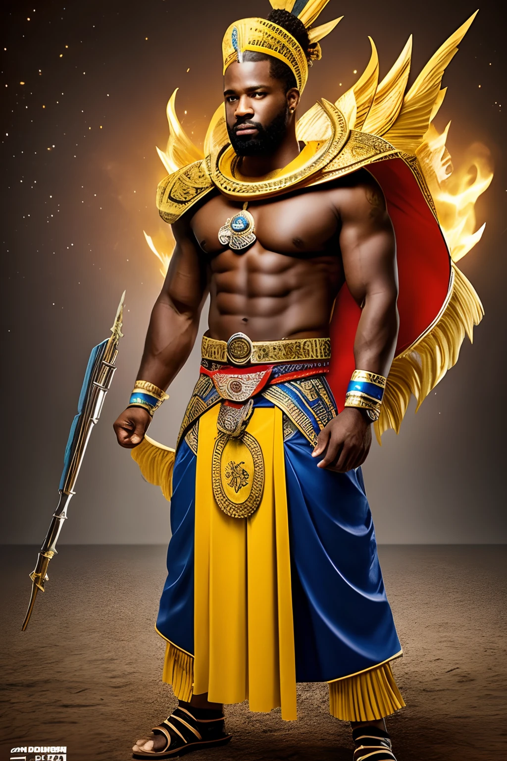 Create an image of a black ninja after an apocalypse in the future, afro cabelo caindo para frente, Rasta type but braided, corpo inteiro, vestindo um traje indiano ribulo africano corpo inteiro, A realistic 4K phoenix with blue feathers, dourado, cosmico , com uma Moreno, de cabelo afro cabelo caindo para frente, Rasta type but braided, Estilo Art Vista de Corpo Inteiro, plano completo, vista frontal, Vista lateral, vista traseira, de personagem, Multiple views and poses, various points of view, um personagem, corpo inteiro, personagem com menos, estilo de roupa, no mesmo Estilo de cabelo, less Type of footwear, strong full-body vision, plano completo, vista frontal, vista traseira, design de personagem, Multiple views and poses, various points of view, de um personagem, corpo inteiro,, personagem com mesmo, estilo de roupa, no mesmo Estilo de cabelo, same type of footwearThe route follows the cores of the Cape Verde flag. The top is deep blue, simbolizando o oceano que cerca as ilhas. The chest and the central part are white, representando a paz e a unidade do povo cabo-verdiano. The sleeves and legs are red, denoting determination and spirit, do 10 Estrelas Douradas, : Ten gold stars are prominently displayed at the top of the costume, ao longo do peito e ombros, representando as 10 principais ilhas de Cabo Verde. Cada estrela, It is carefully detailed and shines brightly against the background Star Belt A wide belt, also golden, is used in Tribal Details, O traje incorpora elementos tribais discretos em seu design, referencing the cultural heritage of Cape Verde