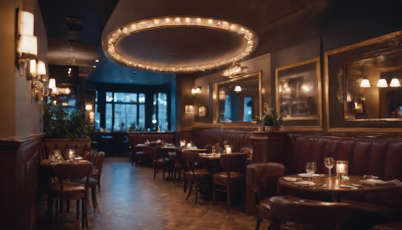 a classic vintage restaurant very elegant jazz style 8k cinematic neon lights in the background