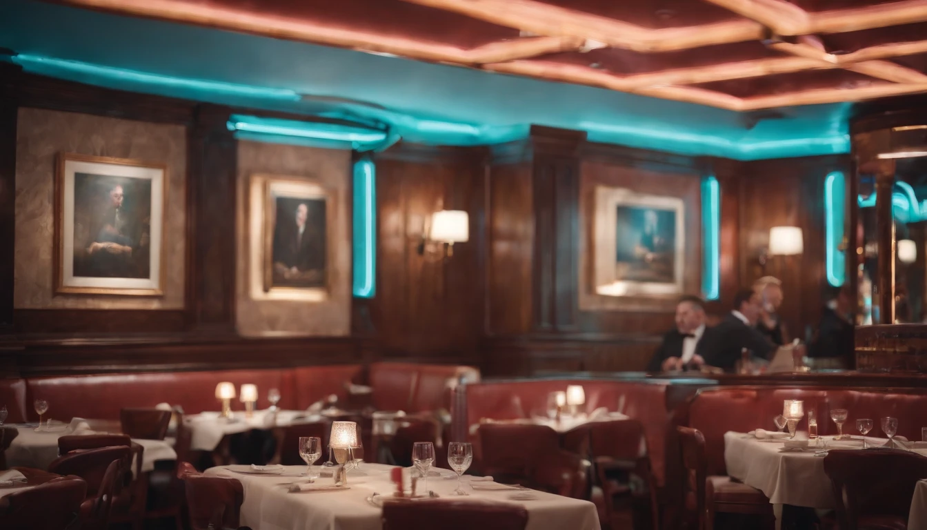 a classic vintage restaurant very elegant jazz style 8k cinematic neon lights in the background