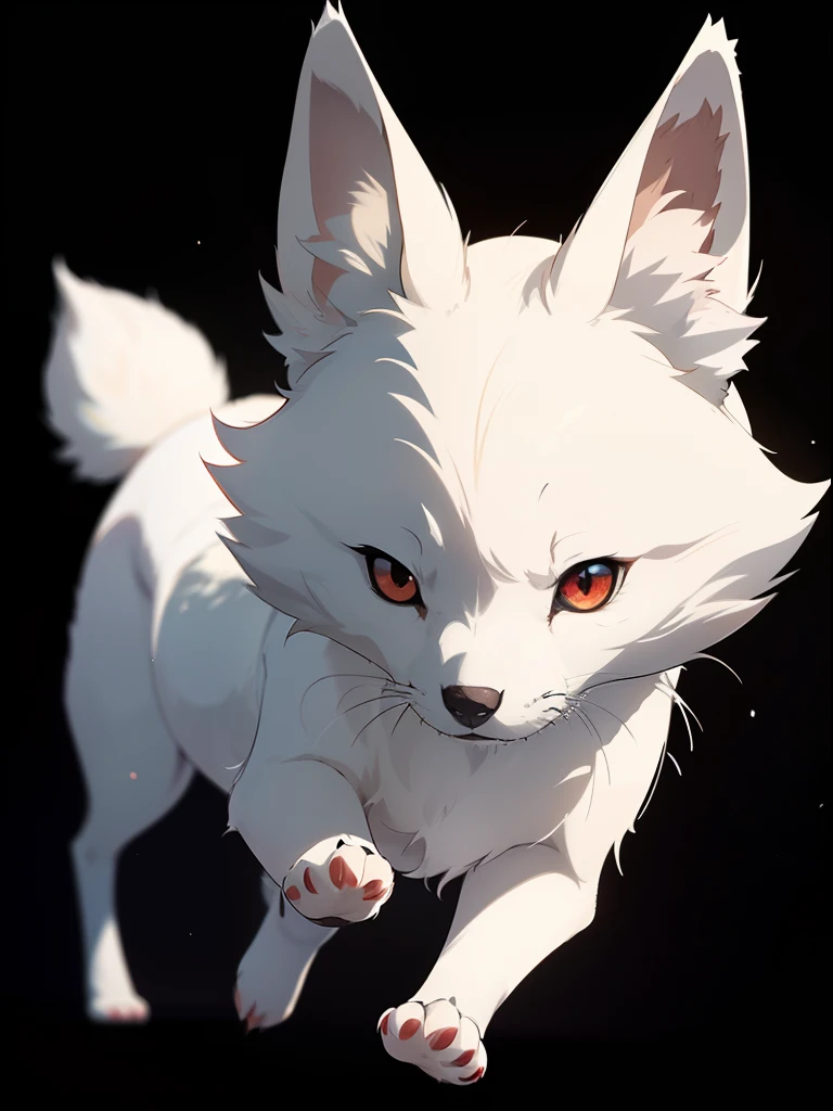 (best quality,ultra-detailed),((anime style)),(vivid colors:1.1),(bokeh:1.1),artistic,carefully drawn,soft texture,striking contrast,elegant posture,delicate features,adorable expression,charming gaze,playful demeanor,endearing,mesmerizing,subtle shadowing,subdued lighting,attention to detail,highly defined whiskers,sleek and smooth fur,pure color palette,glossy finish,simple composition,sublime simplicity,depth and dimension,exquisite beauty,emotive and captivating,A cute small white fox in the black background,(red eyes,small,white fur,full body),running,((full body))