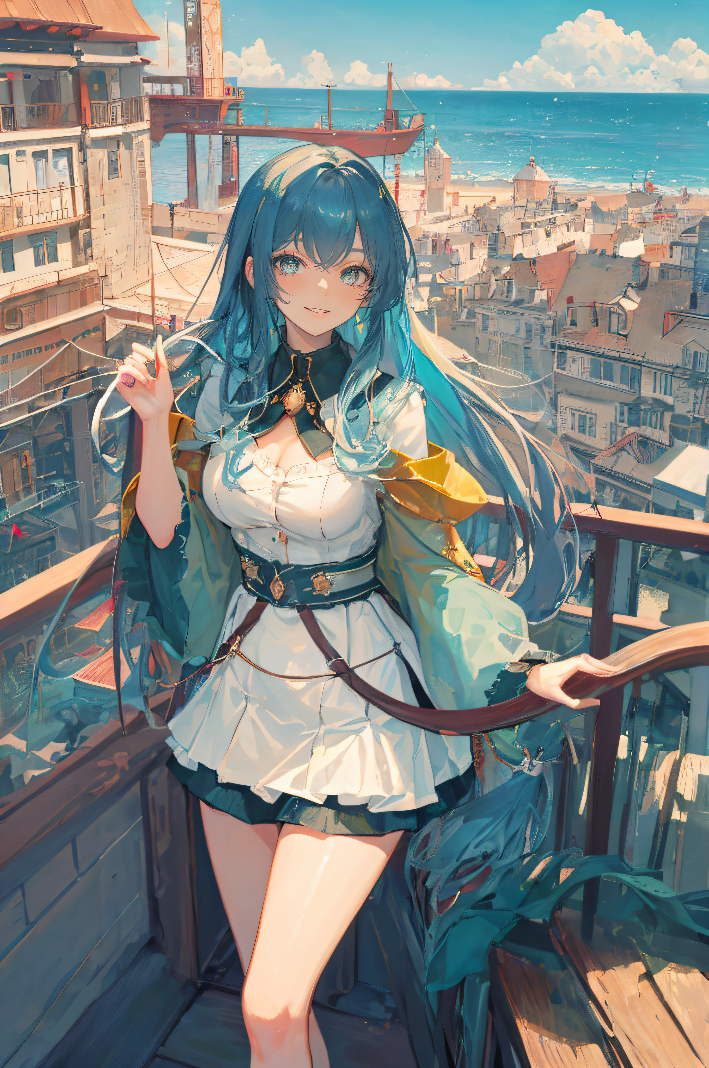 ((A beautiful and cute woman is standing on the terrace)), ((20-year-old beauty)), ((charming smile)), ((shiny long hair)), ((miniskirt)), (( Rich bust)), ((gradient eyes)), ((background is city with sea view)), attractive makeup, single view, NFFSW, UHD, retina, masterpiece, accurate, anatomical, scientifically correct, textured skin, super detail, high detail, high quality, award winning, top quality, high resolution, 1080P, HD, 4K, 8k, 16k