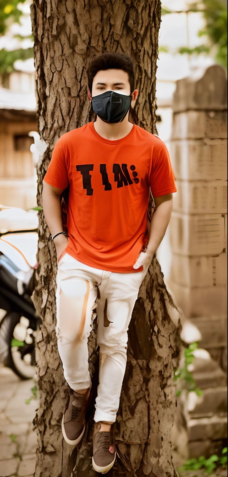 arafed man sitting on a tree with a mask on his face, in tshirt, modeling shoot, time, candid picture, casual photography, evening time, profile pic, avatar image, wearing a t-shirt, with fashion clothe, tshirt, a handsome, candid photo, with a cool pose, teenage boy, with lovely look, at college, morning time