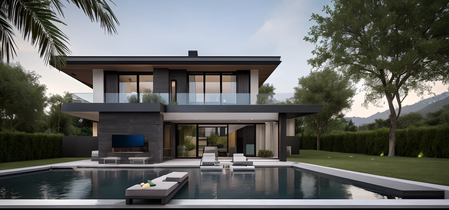 RAW photo,Masterpiece, high quality, best quality, authentic, super detail,
exterior, outdoors, modern villa, house style modern with brown stucco wall, balcony, railing glass, refection glass windows, indoor furniture,
,grass,tropical garden, trees, beautiful summer sky, beautiful landscape with grass and flower bushes, plants, trees
(Modern minimalist lines:1.1)
(day:1.2), vray, 8k, uhd, vivid colour