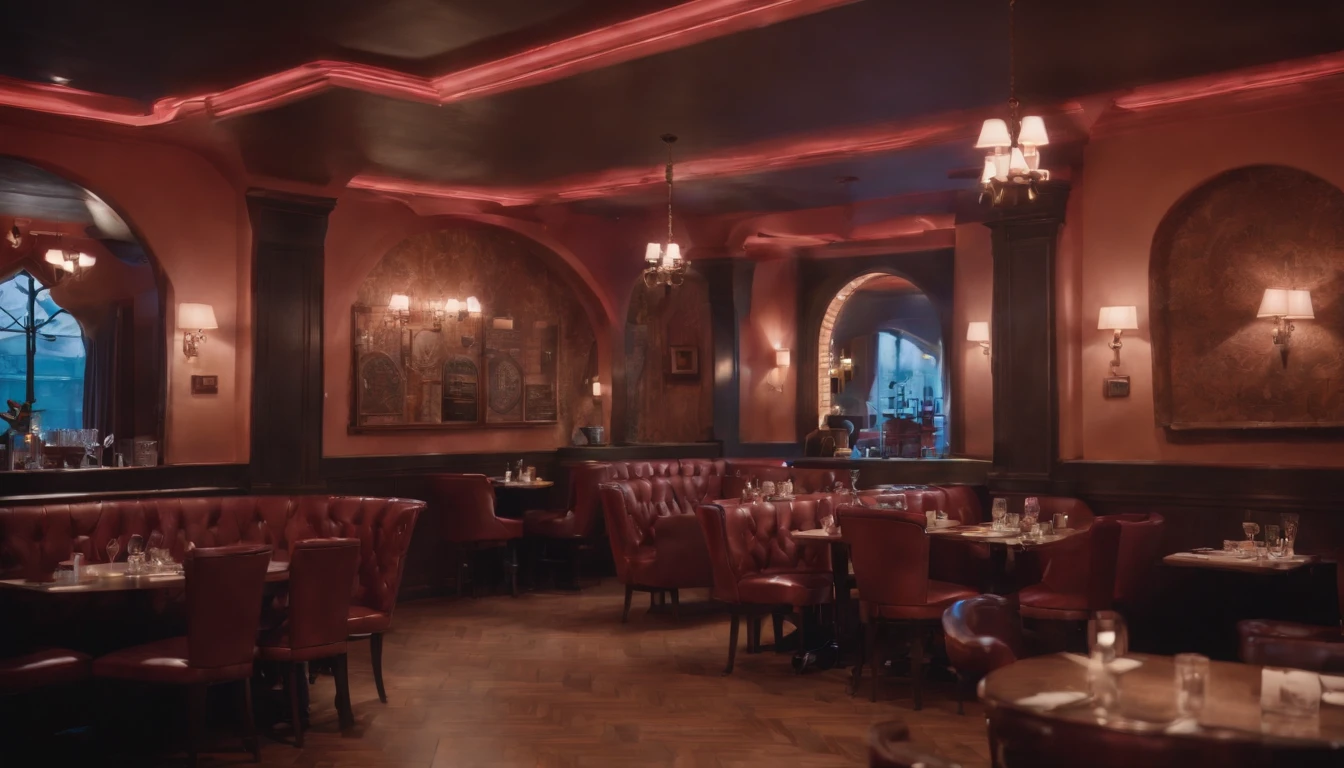 a classic vintage restaurant very elegant jazz style 8k cinematic neon lights in the background