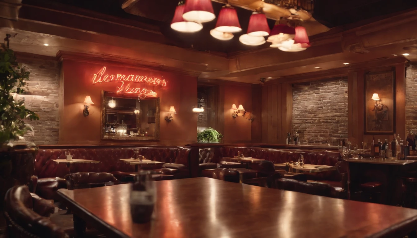 a classic vintage restaurant very elegant jazz style 8k cinematic neon lights in the background