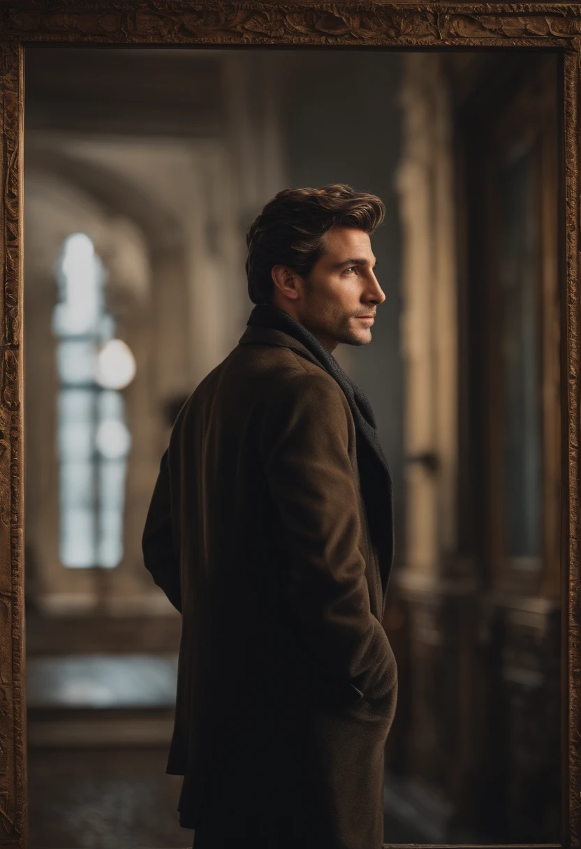 Man looking at poster,Smiled curiously, Has jet-black messy hair, Keep your head down while reading, Wear winter clothing, Live-action style, trends in arts season, Sharp focus, studio photo, Intricate details, greg rutkovsky(Greg Rutkowski)The is very detailed