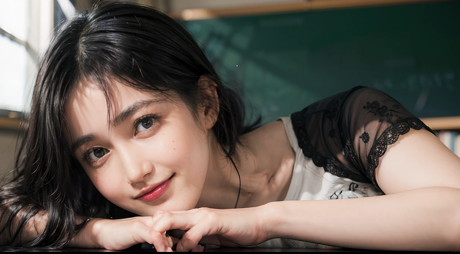 (((Black Shorthair:1.2))), (a 20 yo woman), (T-shirt design), (Floral clothing), (Breast bulge),((Being in the physics classroom)), (A hyper-realistic), (Relaxed), (Increased resolution), (8KUHD), (Extremely detailed), (Best Illustration), (Beautiful and detailed eyes), (Best Quality), (ultra-detailliert), (masutepiece ), ( Wallpaper), (Detailed face), Fine details, Deep Shadows, lowkey, Smiling, (Portrait of Einstein), (Portraits of many physicists), Physical and calculation formulas for blackboards