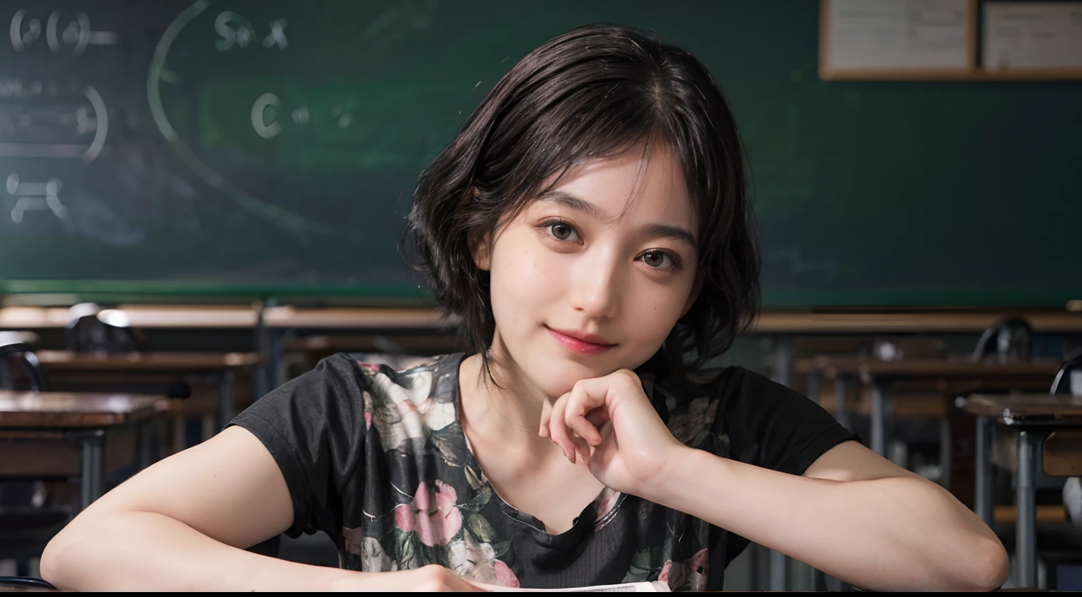 (((Black Shorthair:1.2))), (a 20 yo woman), (T-shirt design), (Floral clothing), (Breast bulge),((Being in the physics classroom)), (A hyper-realistic), (Relaxed), (Increased resolution), (8KUHD), (Extremely detailed), (Best Illustration), (Beautiful and detailed eyes), (Best Quality), (ultra-detailliert), (masutepiece ), ( Wallpaper), (Detailed face), Fine details, Deep Shadows, lowkey, Smiling, (Portrait of Einstein), (Portraits of many physicists), Physical and calculation formulas for blackboards