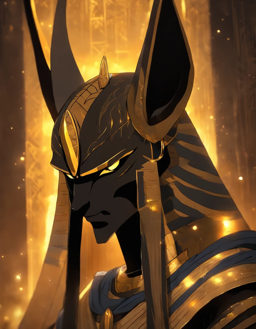 A dark and moody portrait of Anubis, the Egyptian god of death, with golden tears, facing straight towards the viewer. His face is detailed and intricate,tears of golden gold. The background is shadowy and subtle, making the focus of the portrait Anubis himself. The image is evocative and mysterious, .