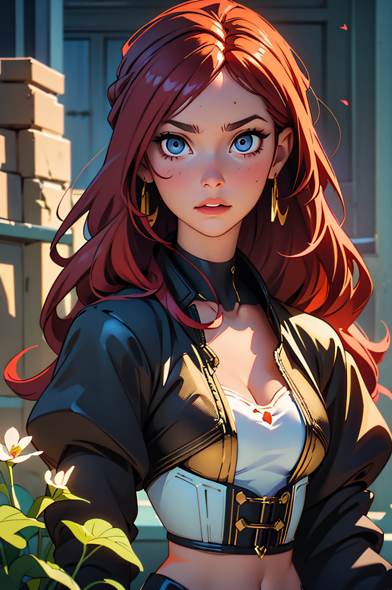 femme, Haut du corps, fcPortrait, taille, crop top, Tonique, petits seins, 8k portrait of a handsome cyborg with red hair, complexe, elegant, highly detailed, majestueux, digital photography, art by artgerm and ruan jia and greg rutkowski surreal painting gold butterfly filigree, Broken glass, (Masterpiece, side lighting, finely detailed beautiful eyes: 1.2), Hdr, corset bleu, Black and gold petticoat