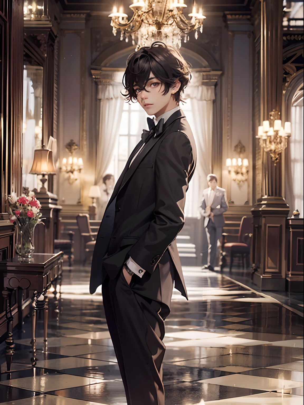 1boy,11 only、(Man's :2),(bobhair:1.5)、A dark-haired、Bright tuxedo、Inside a luxurious Western-style building、Luxurious chandeliers、beautiful lighting、hightquality、masutepiece,8K,hight resolution、