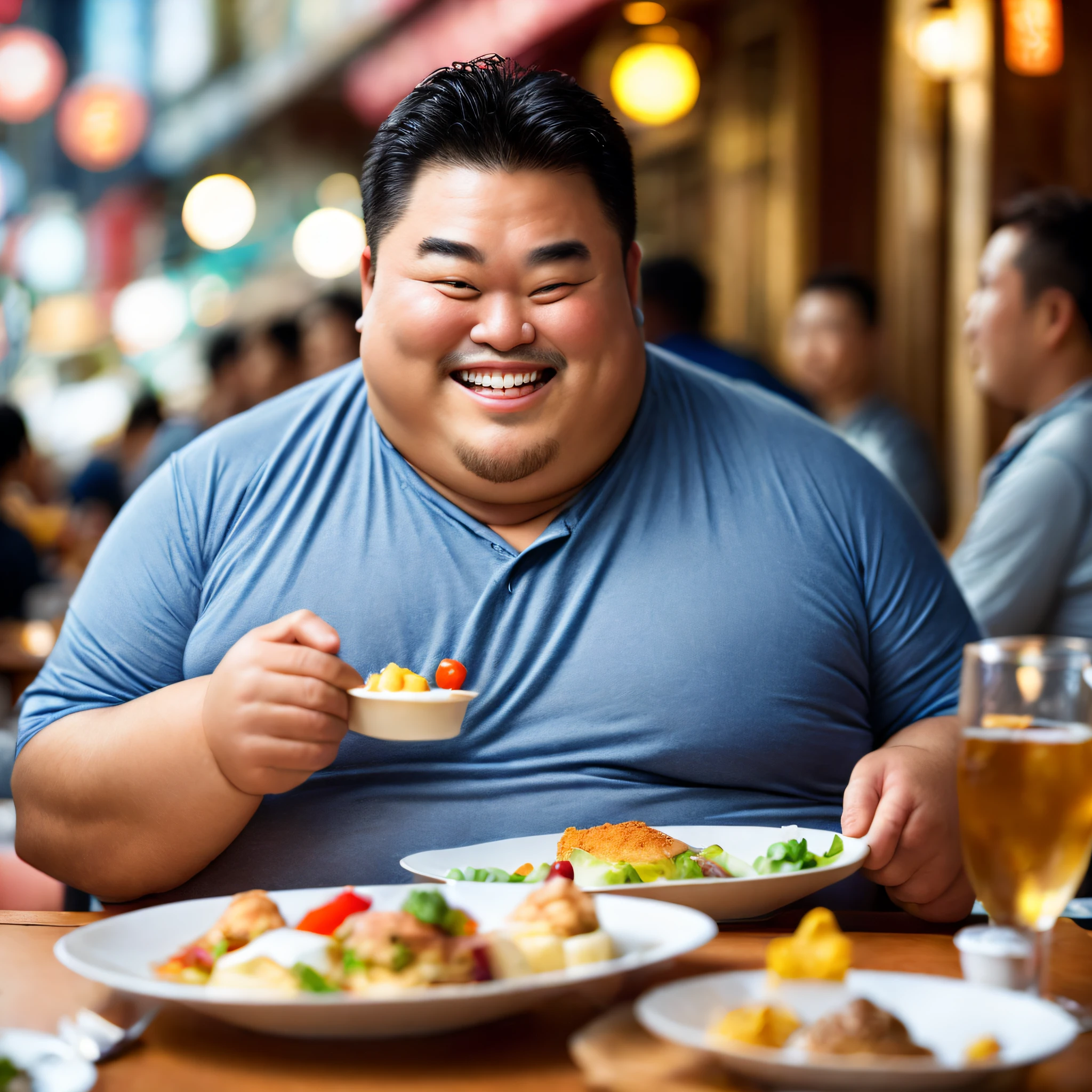 bokeh feeling、portlate、real man、man、Fat men、fat man、Japan men、during a meal、eating、eating foods、a smile、smailing、big、giant,big eyes、many foods、delicious foods