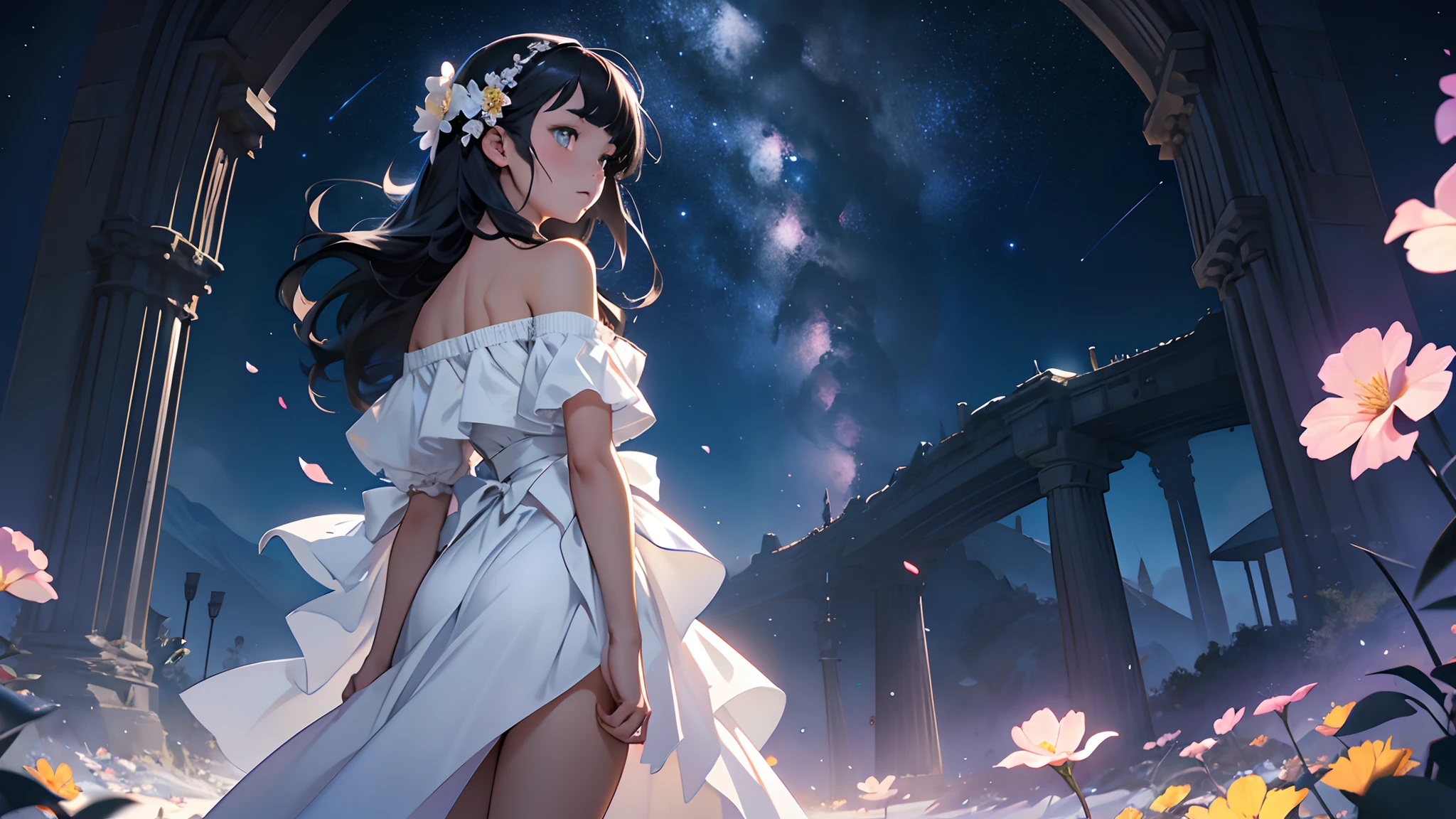 Impasto,Animecore,Moonbeams,Fairy light,Full Body Portrait,Nightography,Third-Person View,Full Length Shot(FLS), masterpiece,best quality,official art, extremely detailed CG unity 8k wallpaper,highly detailed,absurdres,8k resolution,Soft Lighting,Moody Lighting,Cinematic Lighting,Beautiful Lighting,prefect face,exquisite facial features,,adorable girl,doll,night,meteor shower,flower sea,muted color,partially colored,off-shoulder dress,white dress,slit pupils,beautiful detailed eyes,expressionless,long hair,black hair,swept bangs,long bangs,hair_flower,flower_petals,Bare shoulders,looking away,holding flower