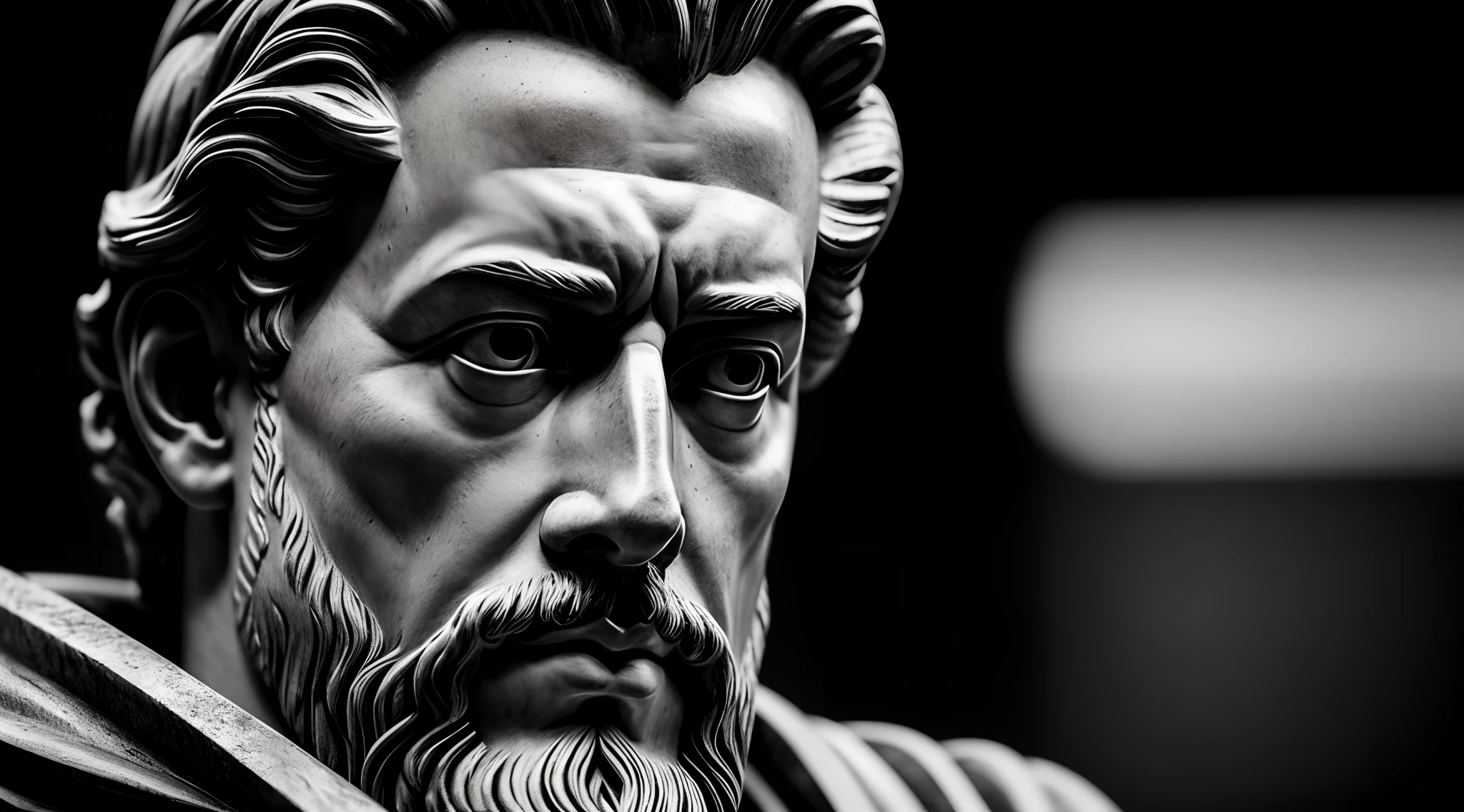Close up , marcus aurelius , stoic posture , wisdom, cinematic feel, black and white, ultra realistic, ultra detailed and handcrafted in every aspect, dark, lean , front view, side angle, serious glare, serious eyes, side camera, MARCUS AURELIUS , almost 2d , fully lateral camera, full head visible
