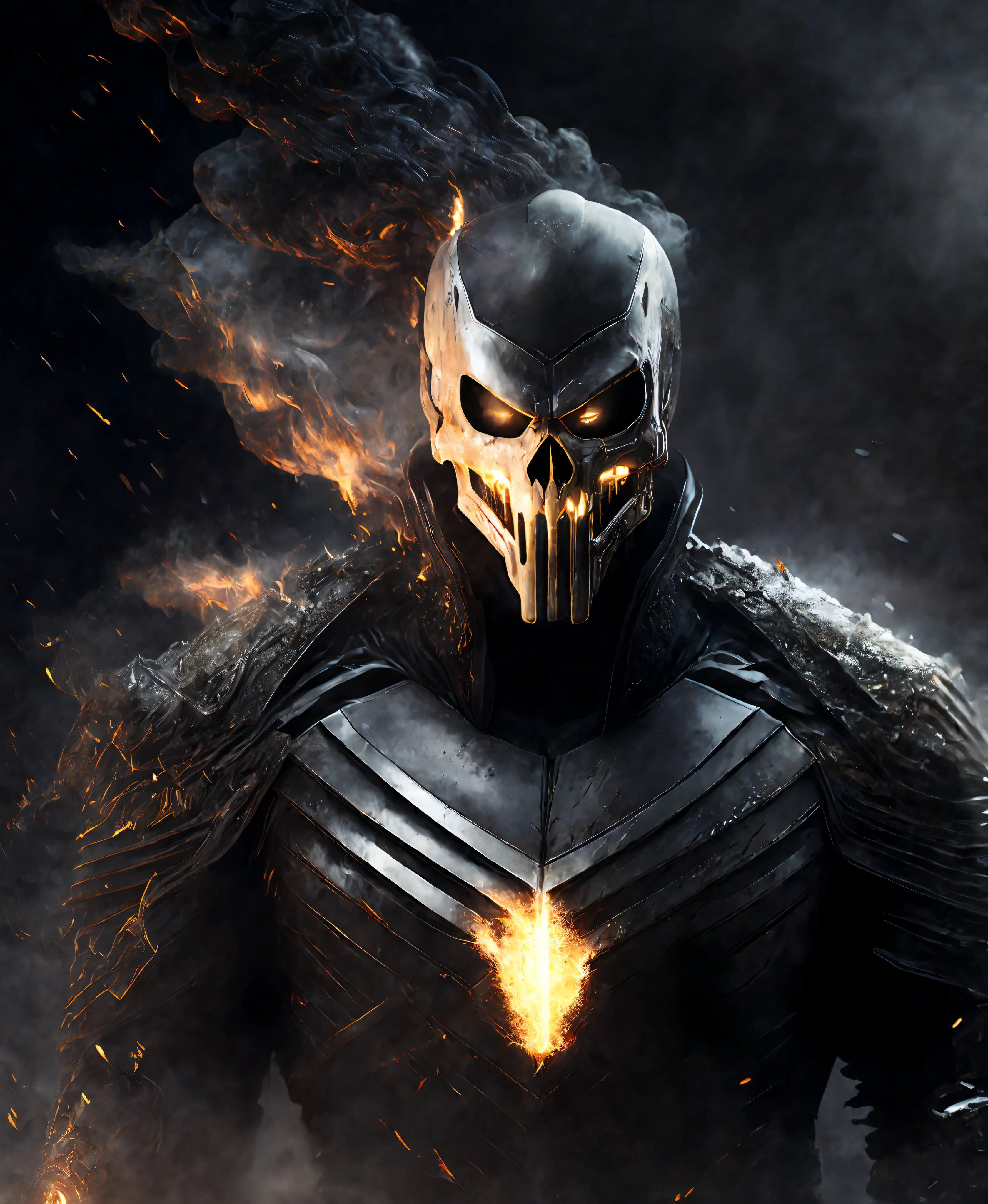 Close-up (Ghost Rider from Marvel in Viking style: 1.3) emerging from wet black mud, extremely detailed, smoke, sparks, metal shavings, flying debris, volumetric light