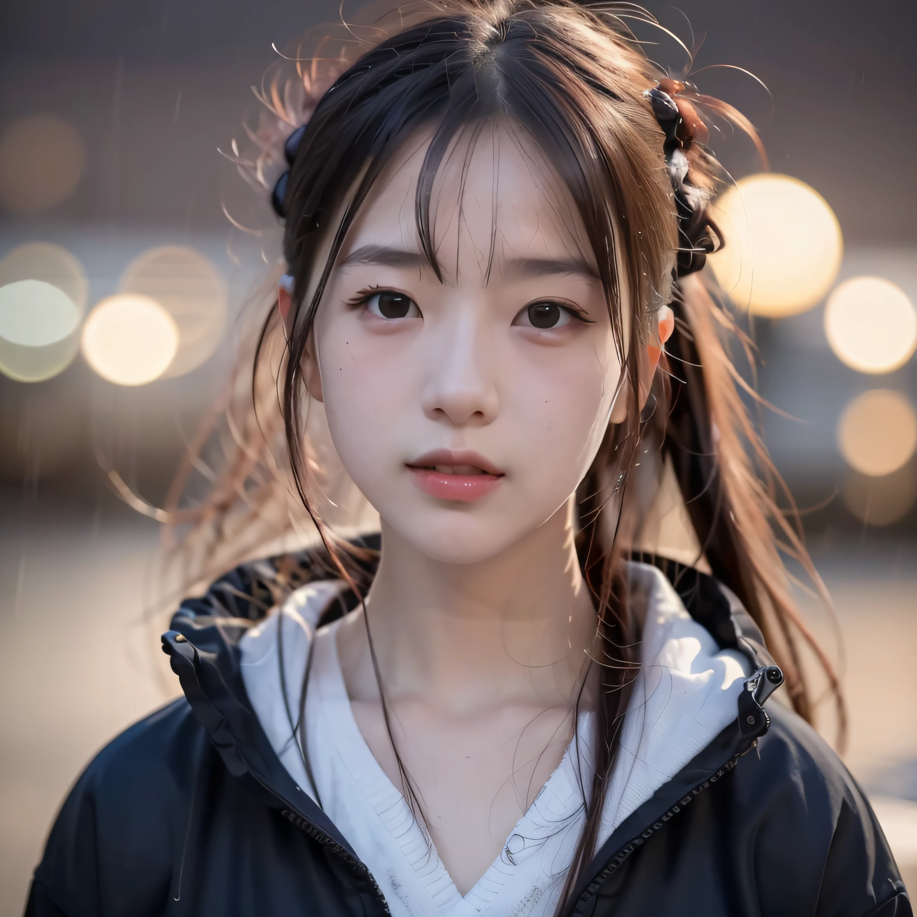 8K, Raw photo, Best Quality, masutepiece:1.2),(Realistic, Photorealsitic:1.37),on tokyo street,Night, Rain, Wet,Cityscape,Night, Cyberpunk City,Soft light,1girl in,, Extremely beautiful face,Bust that doesn't come out,put down hands,Random hairstyle,Random hair color,Random expression,pigsney