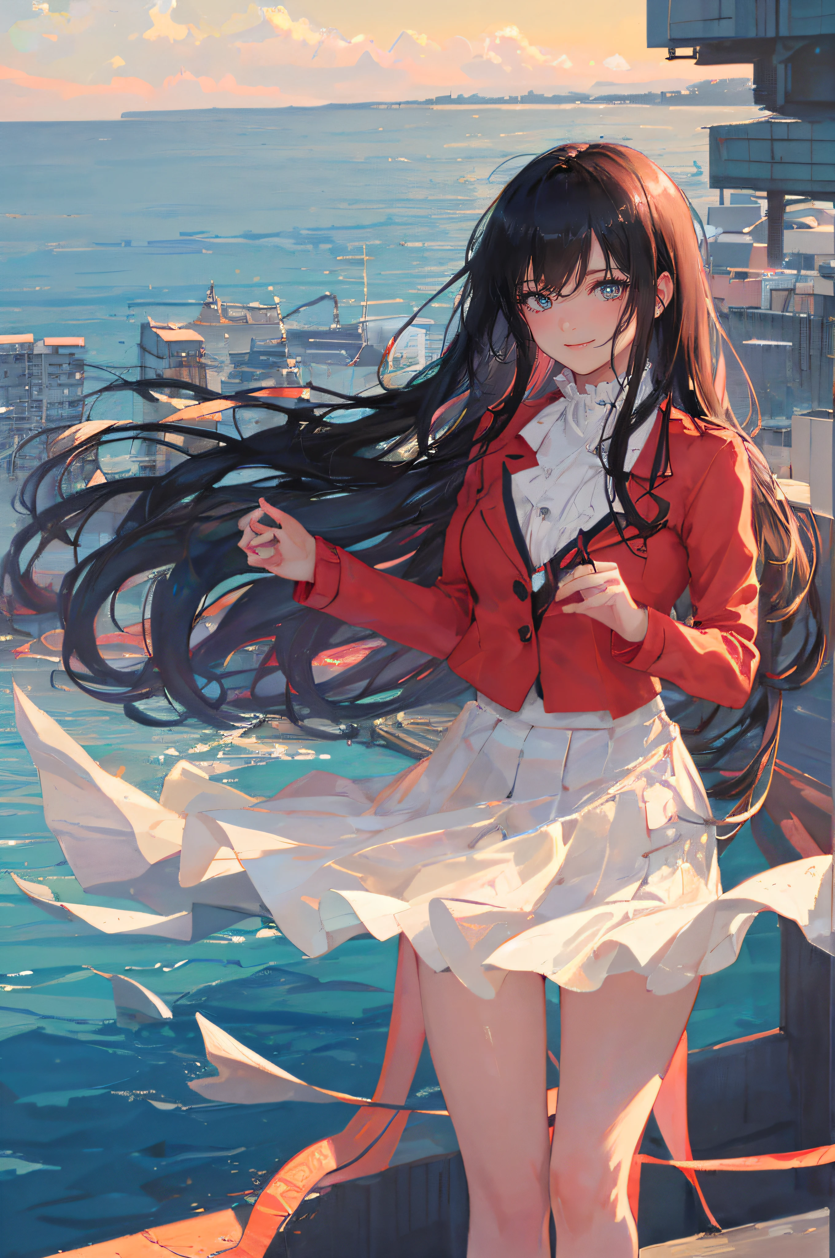 ((A beautiful and cute woman is standing on the terrace)), ((20-year-old beauty)), ((charming smile)), ((shiny long hair)), ((miniskirt)), (( Rich bust)), ((gradient eyes)), ((background is city with sea view)), attractive makeup, single view, NFFSW, UHD, retina, masterpiece, accurate, anatomical, scientifically correct, textured skin, super detail, high detail, high quality, award winning, top quality, high resolution, 1080P, HD, 4K, 8k, 16k