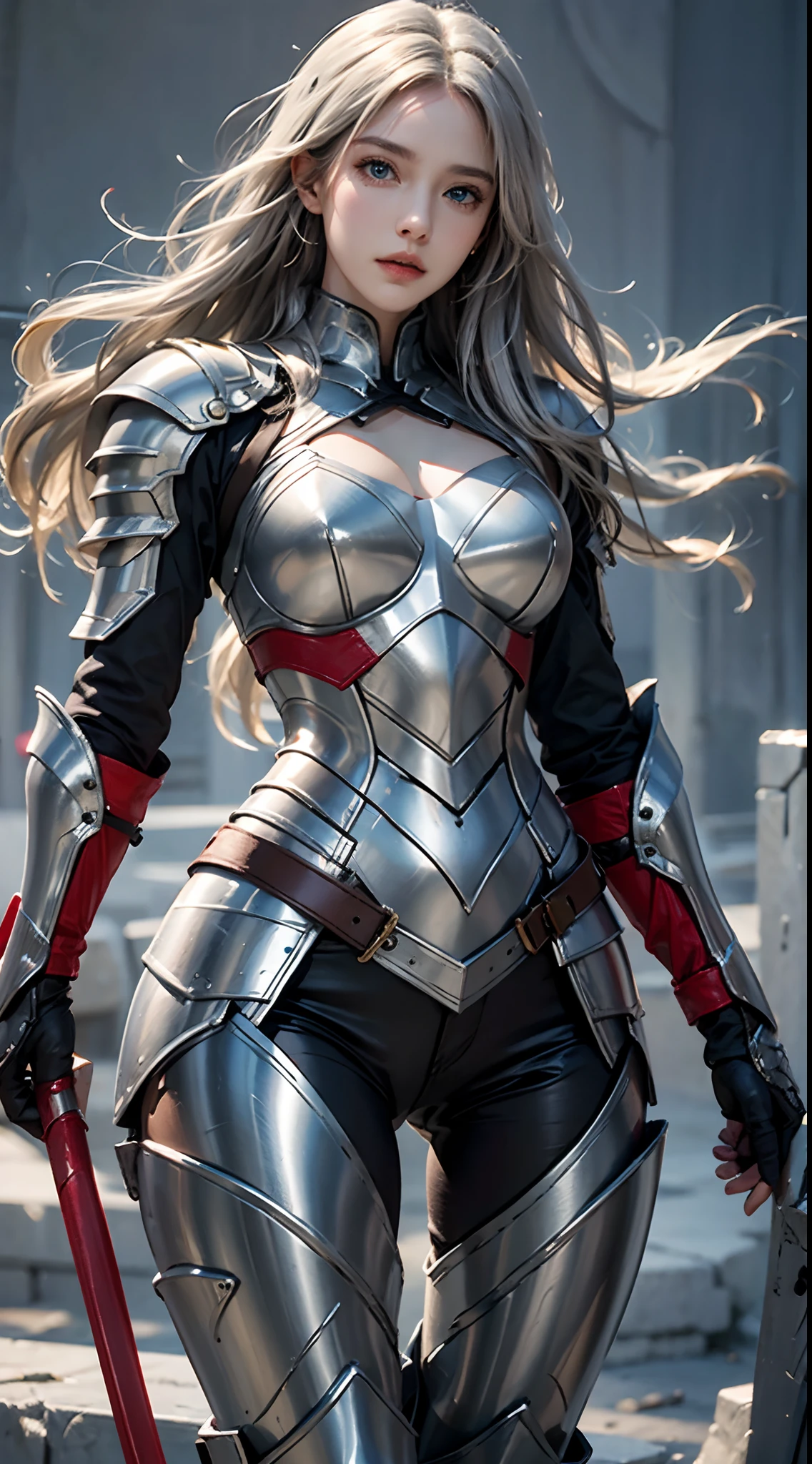 photorealistic, high resolution, soft lights, 1women, solo, hips up, blue eyes, full armor, red armor