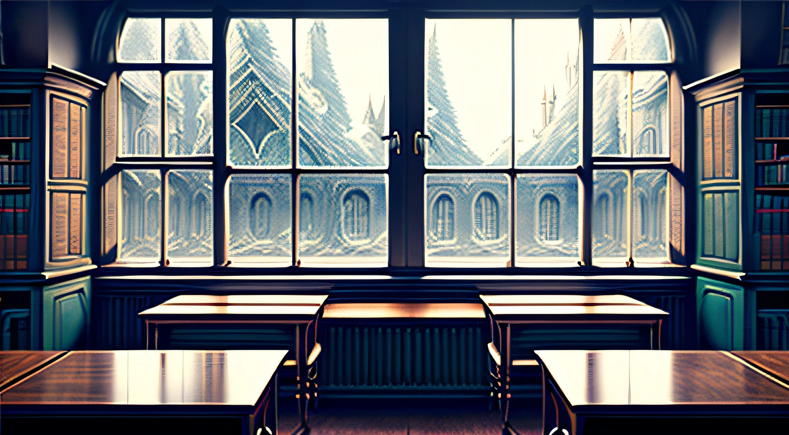 Harry Potter, Classroom with a dark atmosphere, window, Long desks --auto