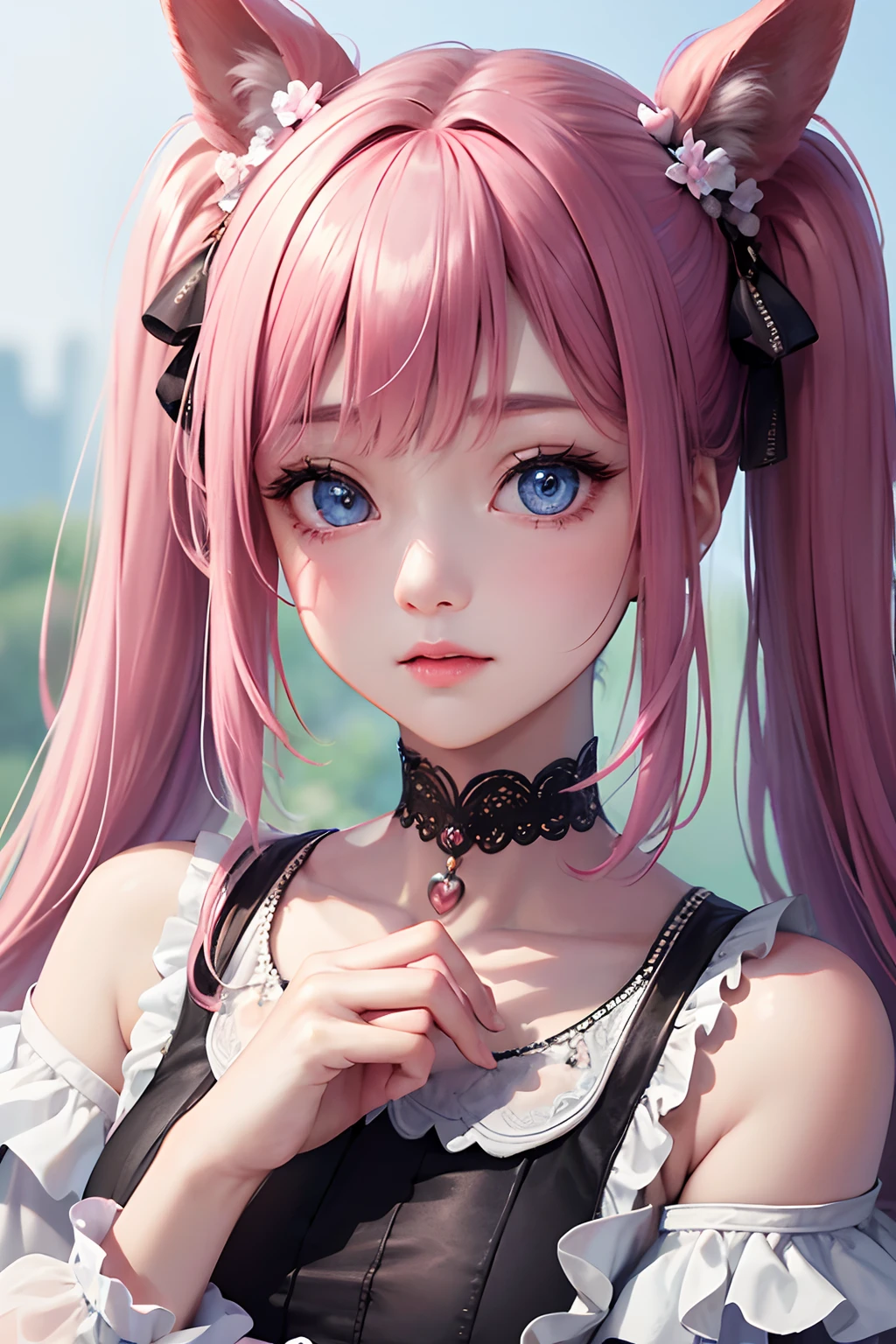 1girl in、looking at the viewers、
The upper part of the body、Beautiful blue eyes、Twin tails pink hair color、Moles under the eyes、Plump and glossy lips、Heart-shaped choker、。.。.。.。.。.。.。.。.。.。.。.。.。.。.。.。.。.。.。.。.。.。.3D、realisitic、
excessively frilled princess dress、draped clothes、jewely、ornament detached、florals、Lace trim、in woods、Rabbit、Zideer、
masterpiece、top-quality、8K、detailed skin textures、Detailed Cloth Texture、beautifull detailed face、intricate-detail、ultra-detailliert、
Rim lighting、Side lighting、ciinematic light、超A high resolution、8K UHD、film grains、Best Shadow、delicated、gazing at viewer、front facing