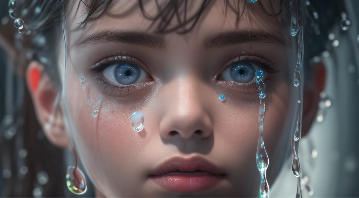 Giant blister 8K Ultra HD,author：Alessio Albi, Depth of field for water drop particles,Detailed rest periods for young girls，Her face is centered in the frame, The beauty on her face was obscured by a large number of water droplets of various sizes around her, It was as if she was in a giant blister, Between contrasts, Youth,chaos,Blisters around, Thought-provoking composition,(Detailed environment,intricate environment_Occlusion, Detailed)Huge water droplets