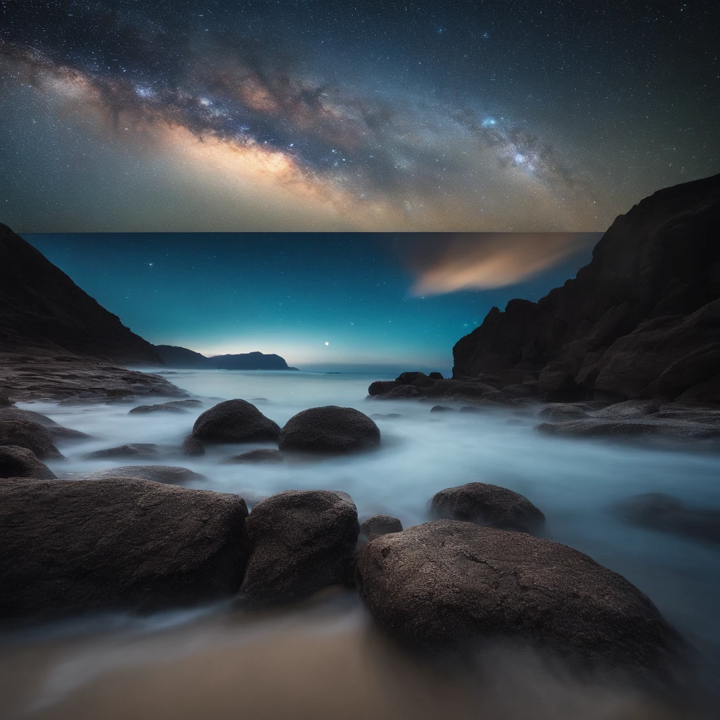 Master Parts、Superior Quality、superior image quality、The 8k quality、Beautiful pictures of the starry sky、magnifica、Arched Milky Way:1.9、Blue sea:1.9