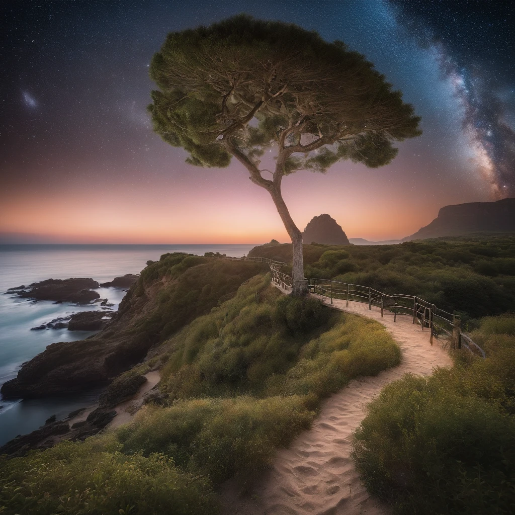 Master Parts、Superior Quality、superior image quality、The 8k quality、Beautiful pictures of the starry sky、magnifica、Arched Milky Way:1.9、Blue sea:1.9