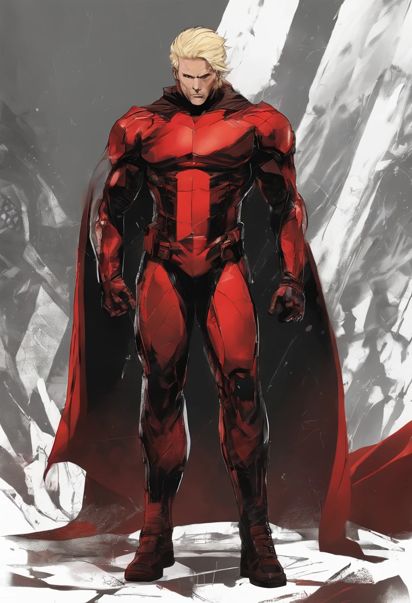 ((masterpiece)),(((best quality))),((character design sheet)), ((full body view)) illustration,1man, muscular, ((red bodysuit:1.5)), (blonde short:1.4), (black cape:1.4) ((detailed face:1.4)) older man, shiny skin, rough sketches, pose, 8k,16k, (simple background, white background: 1.3)