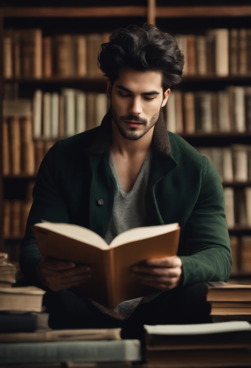 Man looking at poster，Smiled curiously, Has jet-black messy hair, Keep your head down while reading, wearing fall clothing, in library, Live-action style, studio photo, Intricate details,