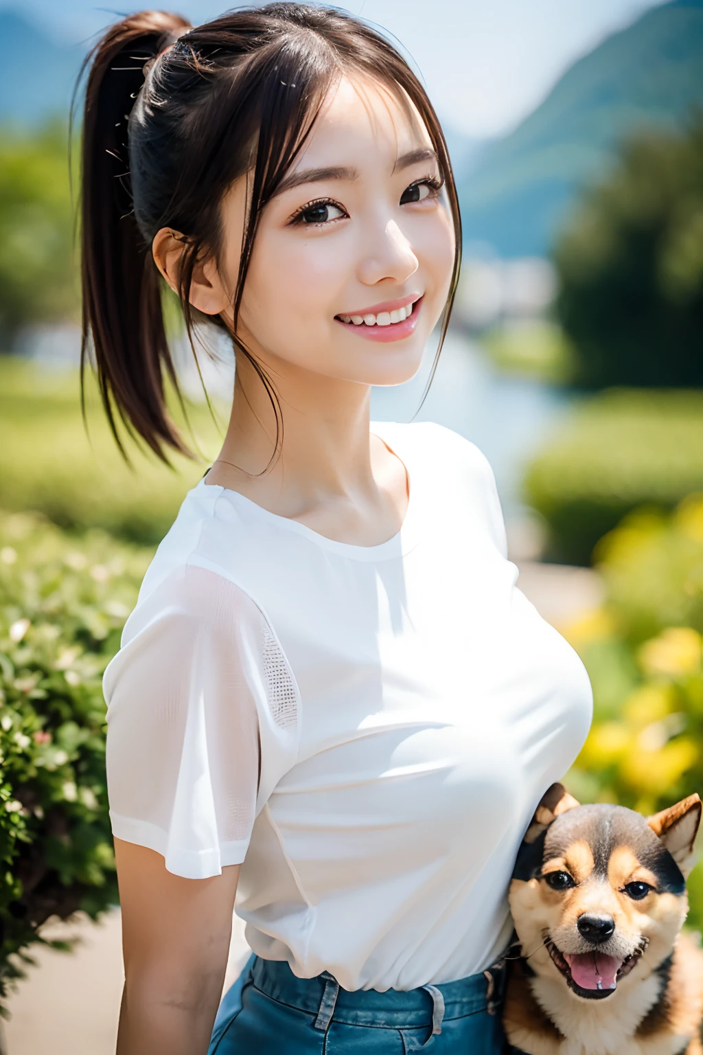 Flowing with crystal clear water,beautiful mountain in background々,(Girl taking a walk with a puppy:1.3),(Shiba dog:1.3),Have a lead,Very Big White T-Shirt,Cargo pants, gently smiling、(beautiful a girl)、(short hair of red-brown color、hair pin、poneyTail、Floating hair、)Colossal tits、A smile that beguiles the viewer、Look into the photographer、skin glistening with sweat、gazing at viewer,pointed red mouth,Perfect round face,,Proper body proportion,Intricate details,Very delicate and beautiful hair,photos realistic,Dreamy,Professional Lighting,realistic shadow,Beautiful hands,Beautiful fingers,Detailed finger features,Detailed arm functions,detailed clothes features,Detailed hair features,detailed facial features,(masutepiece,top-quality,Ultra-high resolution output image,) ,(The 8k quality,),(Image Mode Ultra HD,)