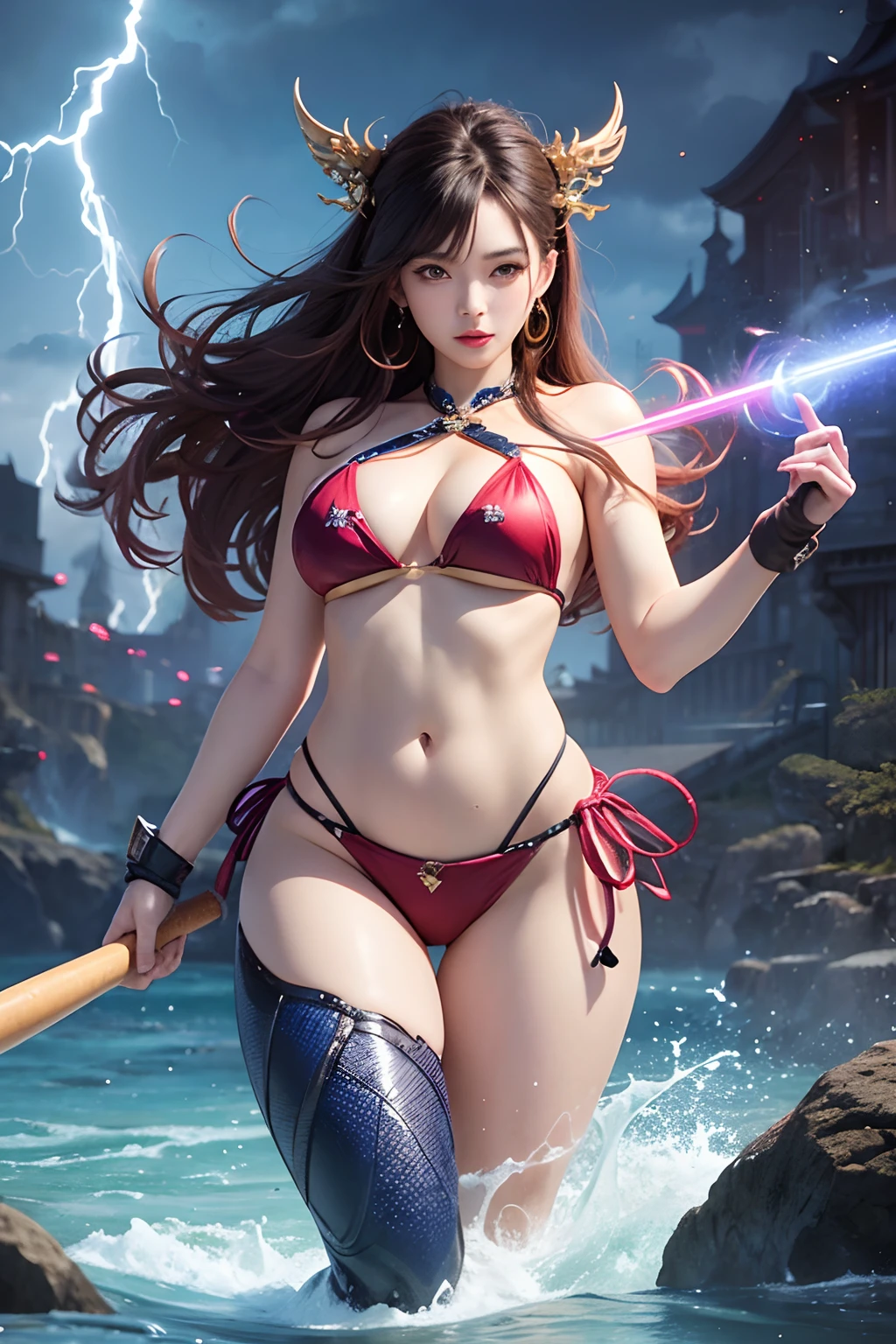 there is a woman in a bikini holding a baseball bat, nami from one piece, nami one piece, deviantart artstation cgscosiety, splashes of lightning behind her, epic digital art illustration, goddess of lightning, epic fantasy digital art style, epic fantasy digital art, 2. 5 d cgi anime fantasy artwork, mermaid cyborg with a laser whip, gorgeous young korean woman, inspired by Kim Deuk-sin, photo of slim girl model, sakimichan, thin waist, taejune kim