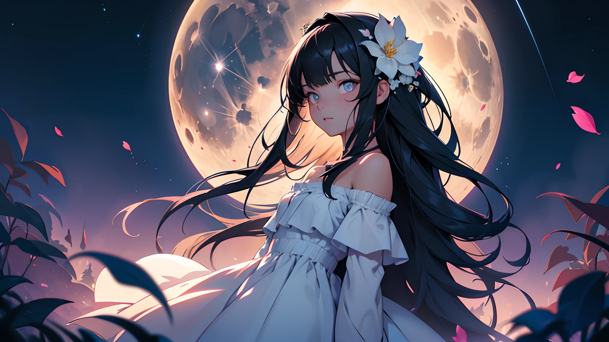Impasto,Animecore,Moonbeams,Fairy light,Full Body Portrait,Nightography,Third-Person View,Full Length Shot(FLS), masterpiece,best quality,official art, extremely detailed CG unity 8k wallpaper,highly detailed,absurdres,8k resolution,Soft Lighting,Moody Lighting,Cinematic Lighting,Beautiful Lighting,prefect face,exquisite facial features, girl,adorable girl,doll,night,meteor shower,flower sea,muted color,partially colored,off-shoulder dress,white dress,slit pupils,beautiful detailed eyes,expressionless,long hair,black hair,swept bangs,long bangs,hair_flower,flower_petals,Bare shoulders,looking away,holding flower