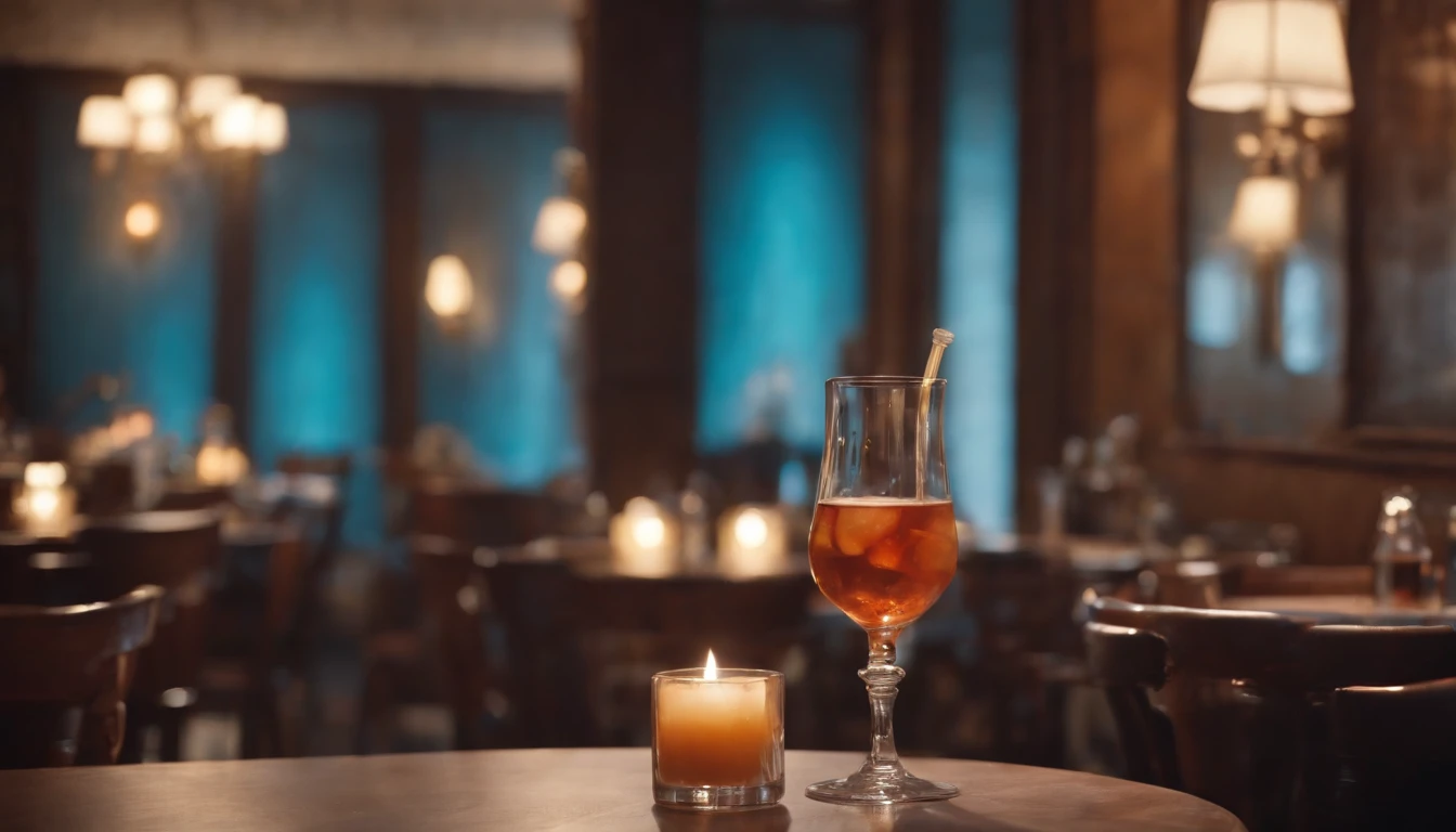 a drink at a table in classic vintage restaurant very elegant jazz style 8k cinematic neon lights in the background