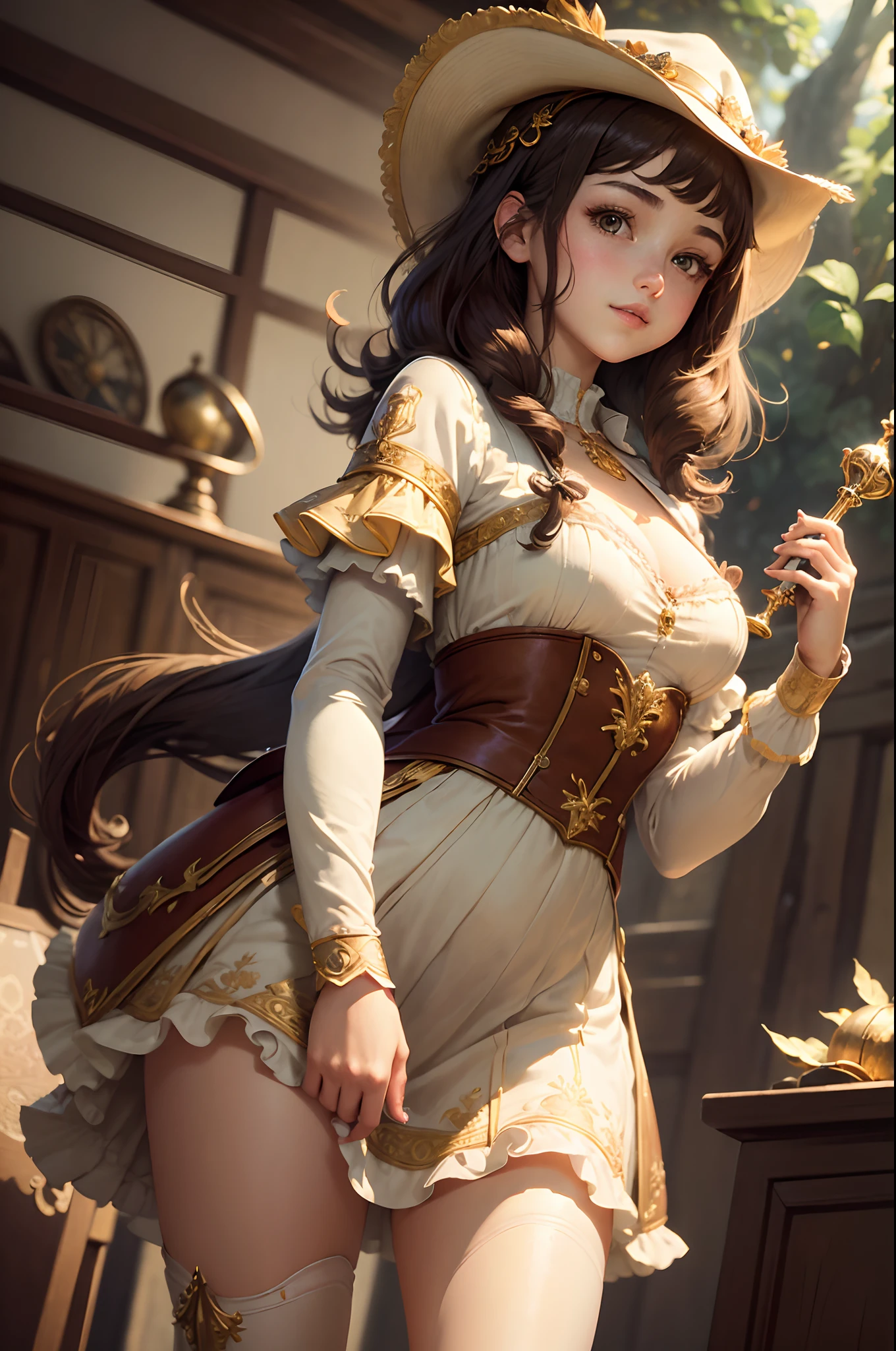 Best quality, (Masterpiece:1.35), the wallpaper, (illustration), Original, (Depth of field), (1girll:1.35), (Solo), full bodyesbian, Dynamic, Detailed face,，teens girl， brunette color hair，Medium breasts, cheerfulness,short detailed hair, music instrument，barded，adventurer，Magic hat